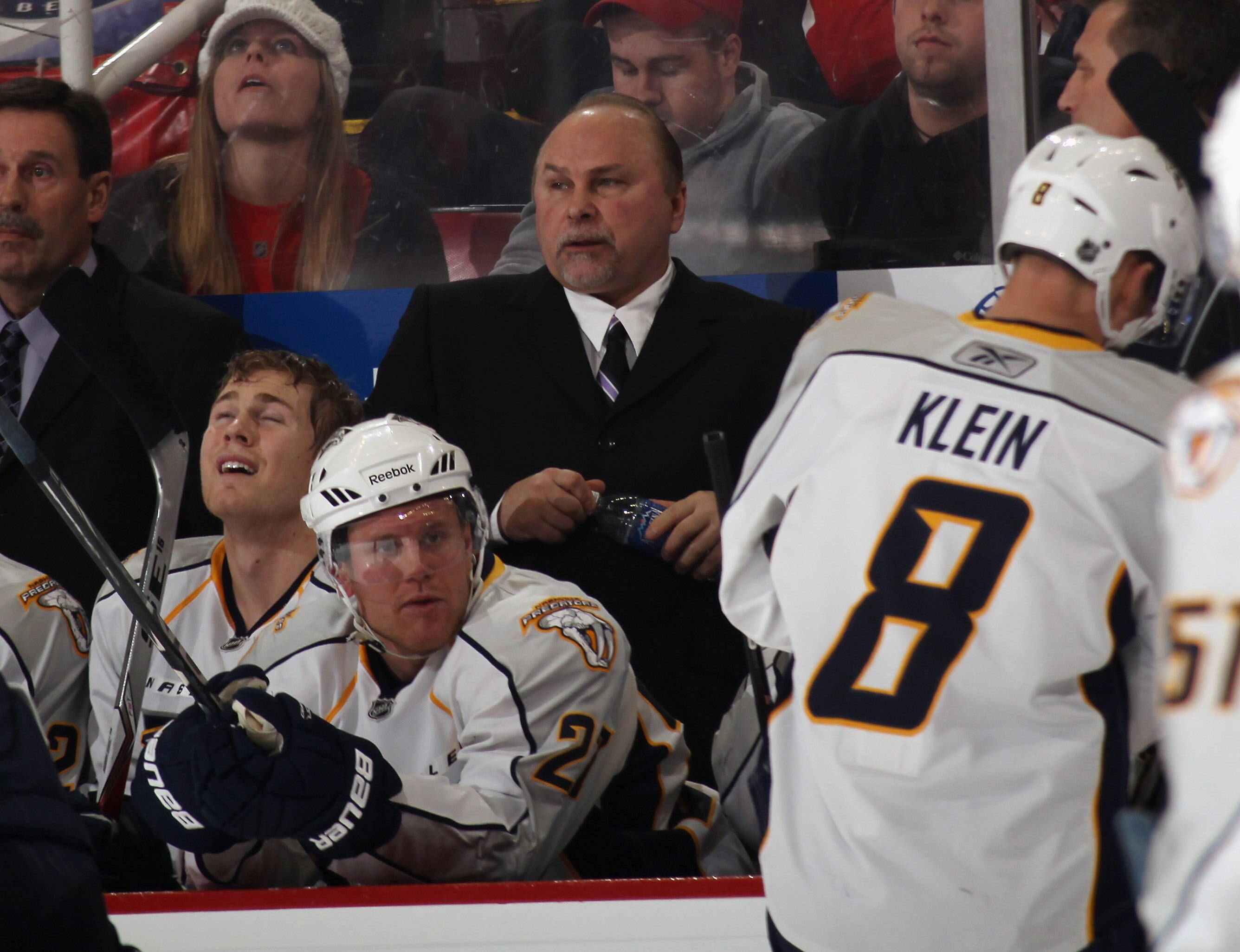 DETROIT, MI - DECEMBER 08: Head coach Barry Trotz of the Nashville Predators handles bench duties against the Detroit Red Wings at the Joe Louis Arena on December 8, 2010 in Detroit, Michigan. The Predators defeated the Red Wings 3-2.  (Photo by Bruce Ben
