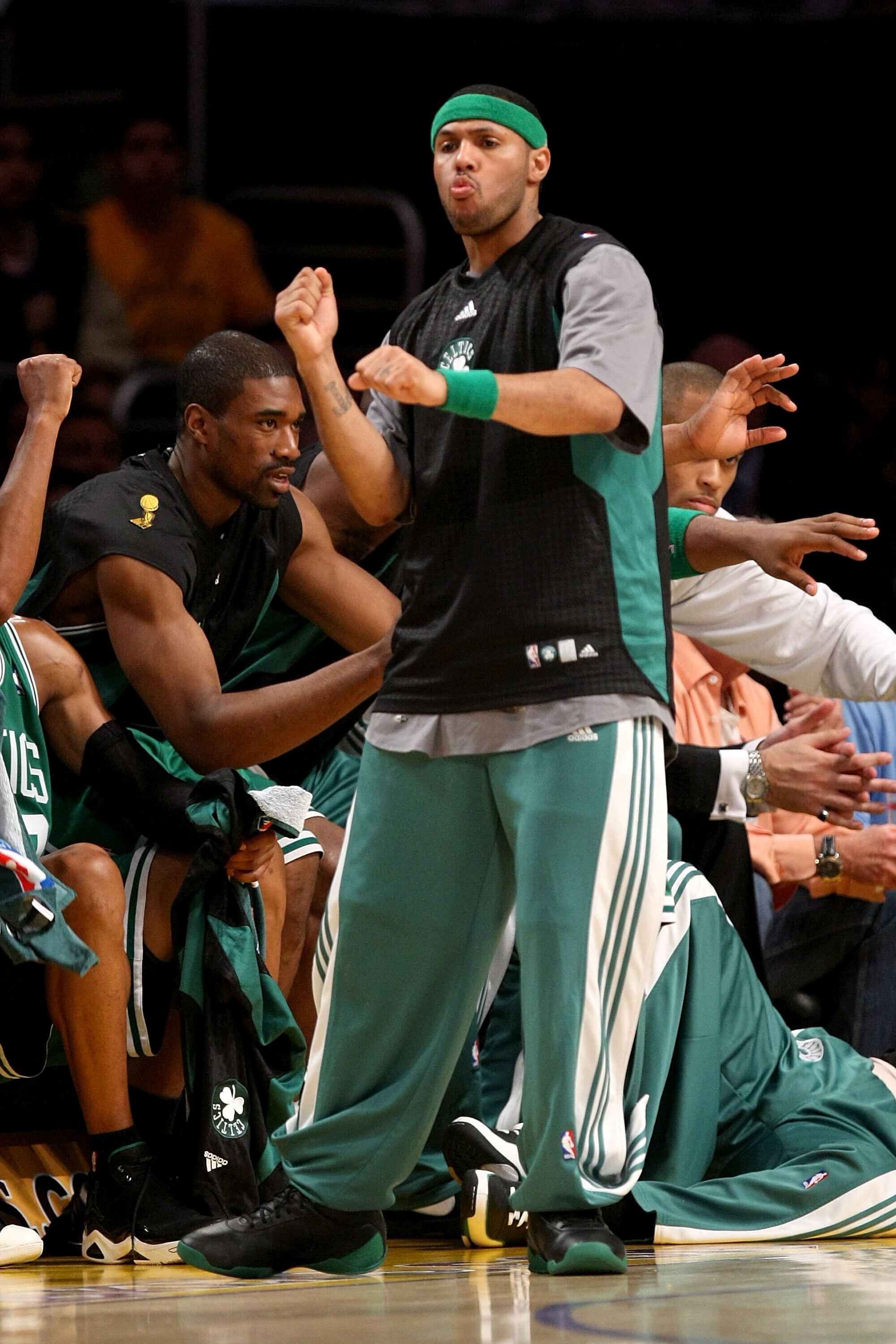 LOS ANGELES, CA - JUNE 10:  Eddie House #50 of the Boston Celtics celebrates a play in the first half against the Los Angeles Lakers in Game Three of the 2008 NBA Finals on June 10, 2008 at Staples Center in Los Angeles, California.  NOTE TO USER: User ex