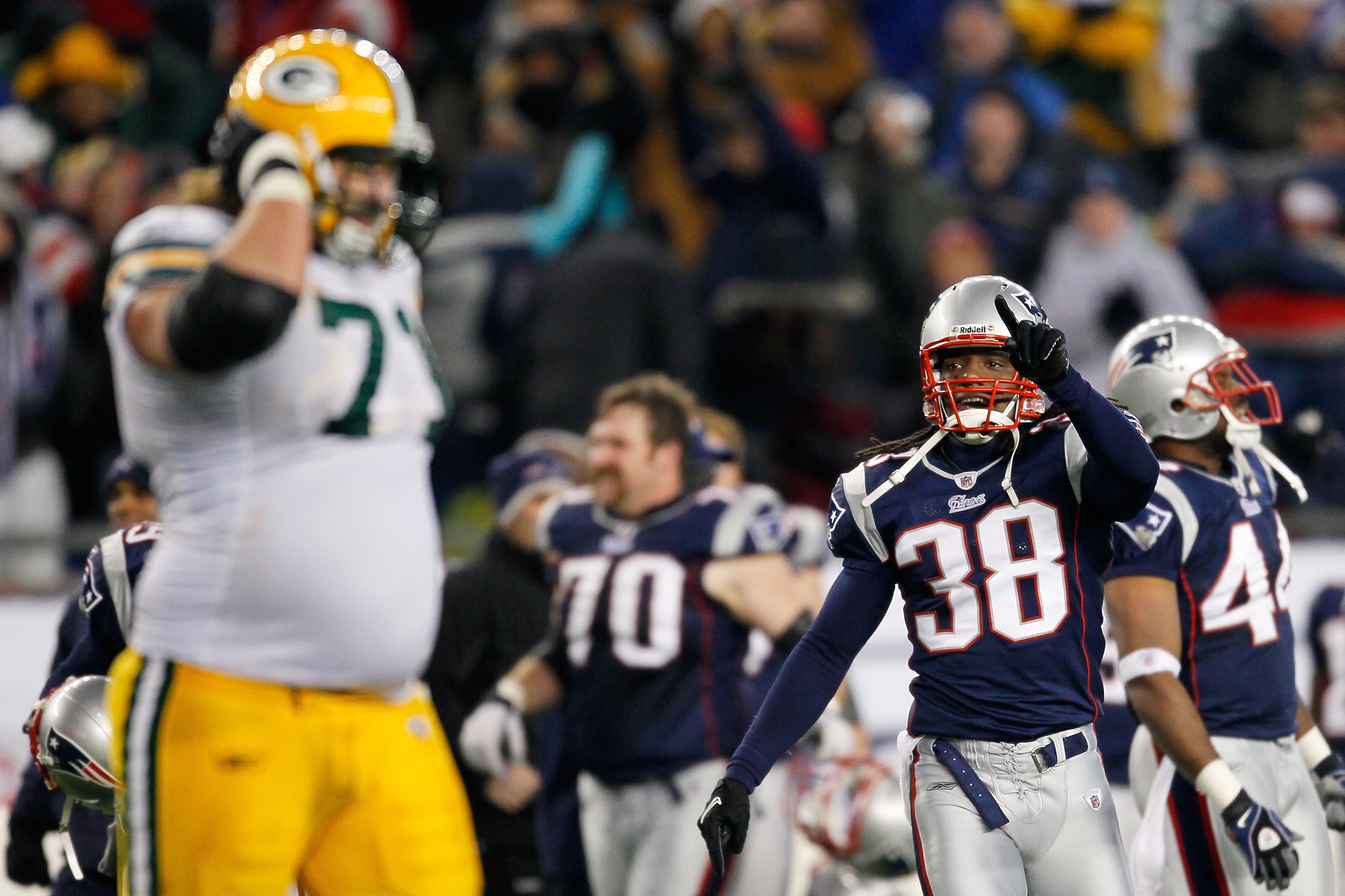 FOXBORO, MA - DECEMBER 19: Safety Sergio Brown #38 of the New England Patriots celebrates their 31-27 victory over the Green Bay Packers at Gillette Stadium on December 19, 2010 in Foxboro, Massachusetts. The Patriots won the game 31-27.  (Photo by Jim Ro