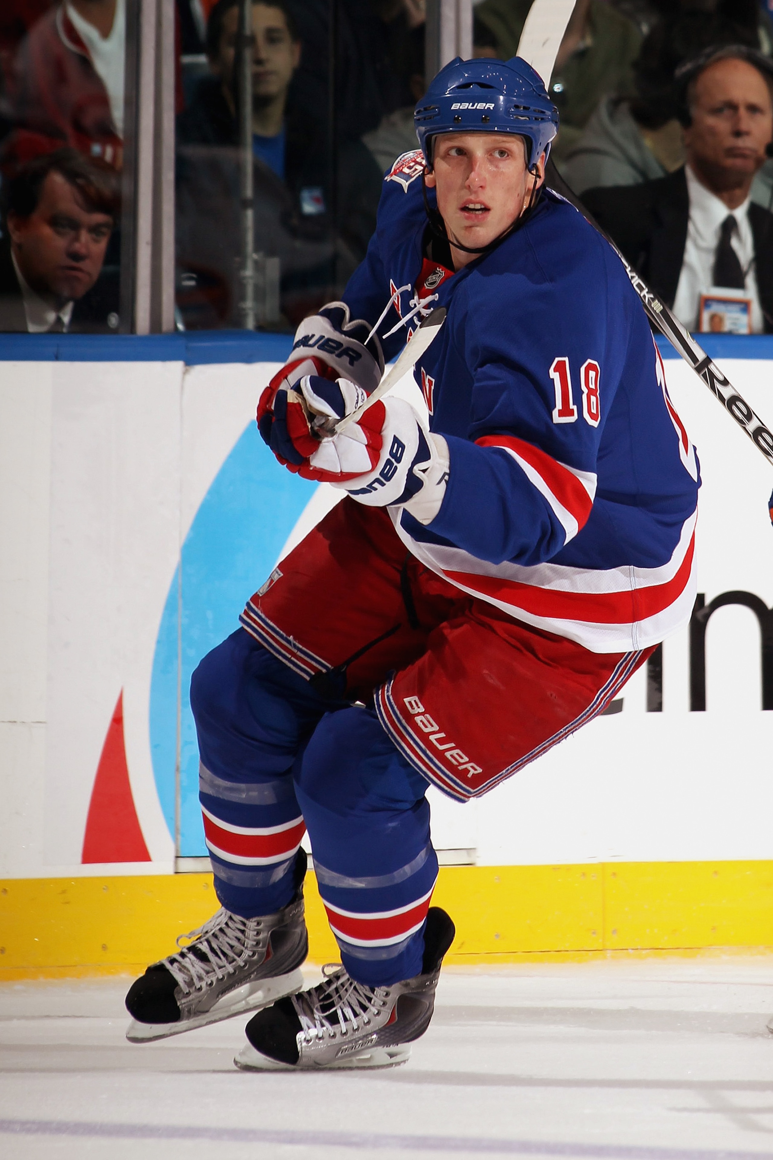 UNIONDALE, NY - OCTOBER 11:  Marc Staal #18 of the New York Rangers skates against the New York Islanders at the Nassau Coliseum on October 11, 2010 in Uniondale, New York.  The Islanders won 6-4.  (Photo by Bruce Bennett/Getty Images)