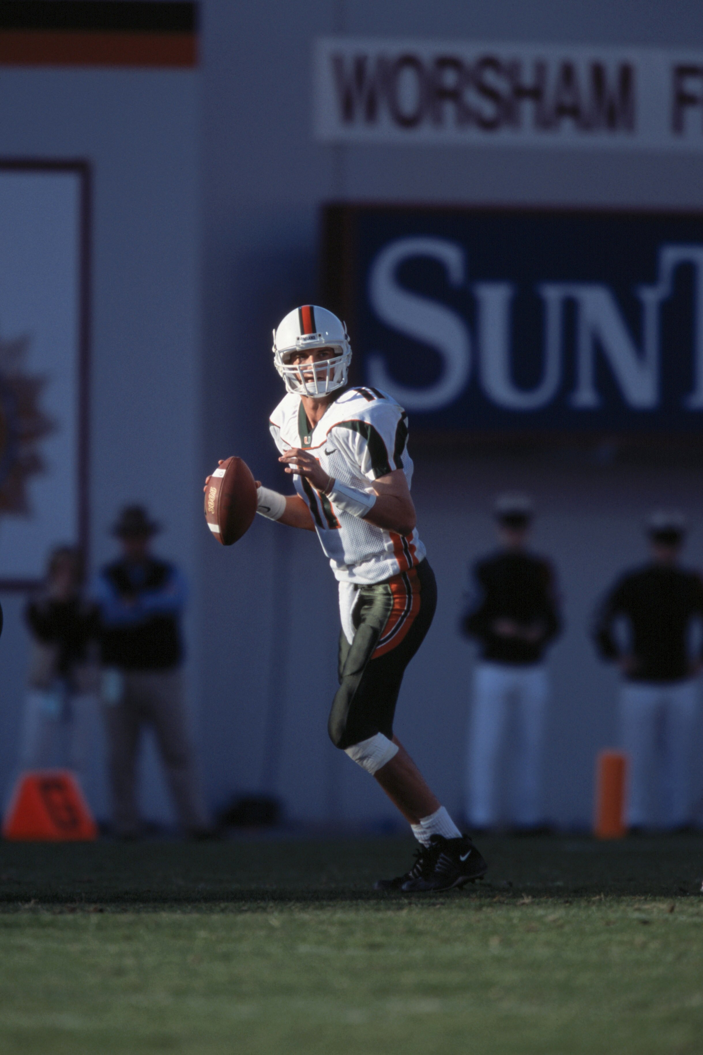 1 Dec 2001:  Quarterback Ken Dorsey #11 of the Miami Hurricanes attempts to pass during the NCAA game against the Virginia Tech Hokies at Lane Stadium in Blacksburg, Virginia.  Miami defeated Virginia Tech 26-24.  Mandatory Credit:  Criag Jones/Getty Imag