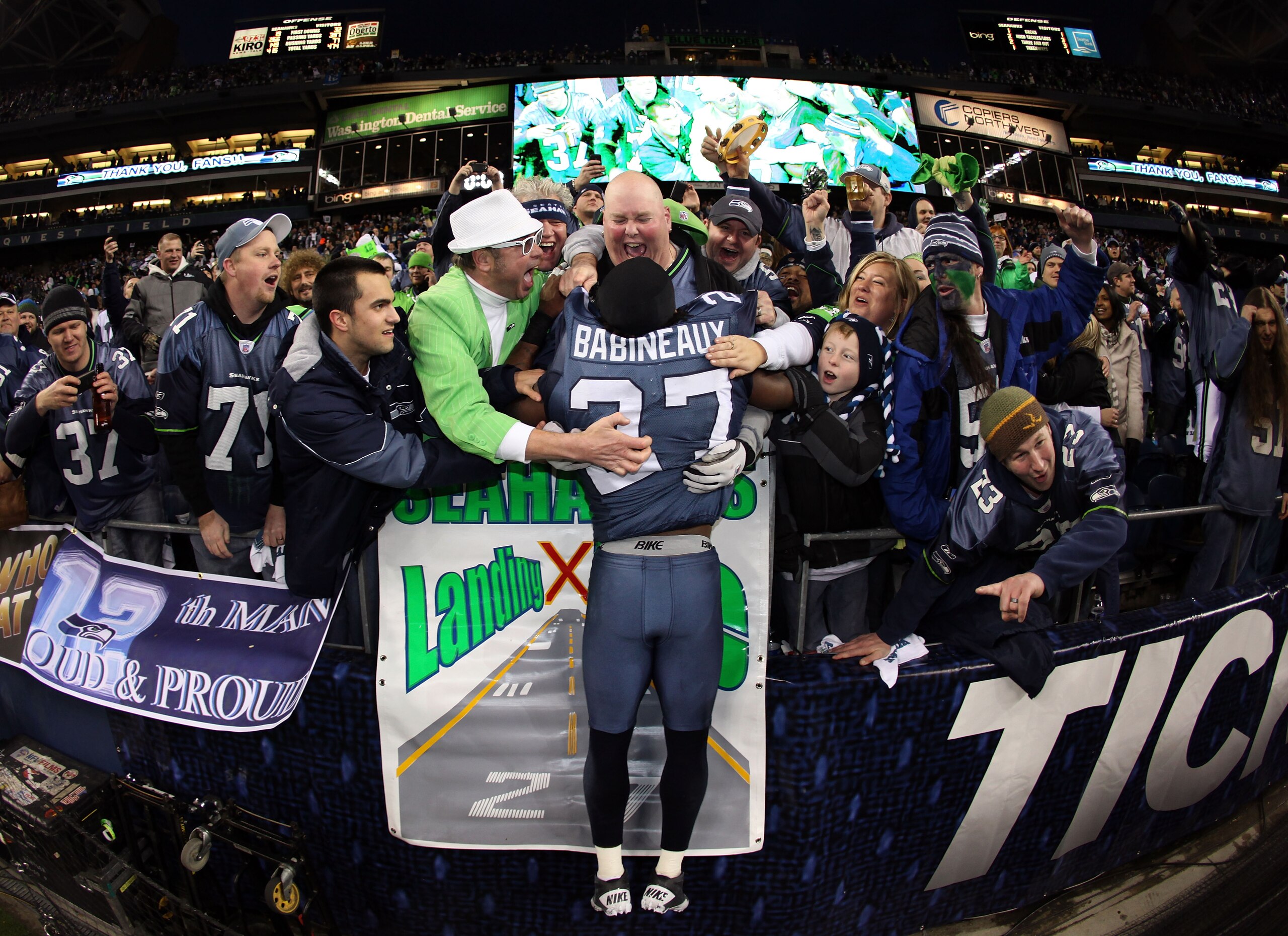 SEATTLE, WA - JANUARY 08:  Jordan Babineaux #27 of the Seattle Seahawks celebrates the Seahawks 41-36 victory against the New Orleans Saints during the 2011 NFC wild-card playoff game at Qwest Field on January 8, 2011 in Seattle, Washington.  (Photo by Ot