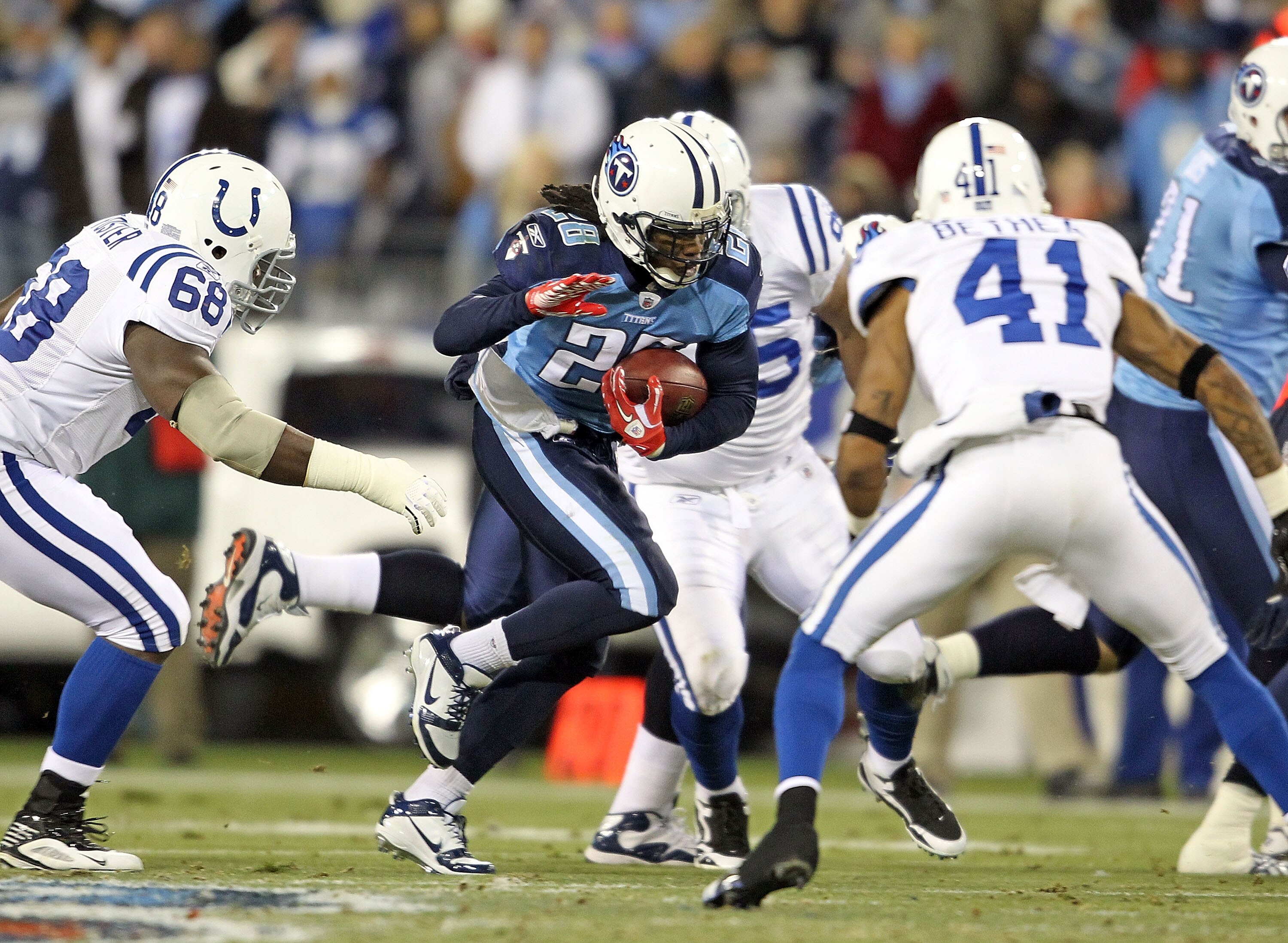 NASHVILLE, TN - DECEMBER 09:  Chris Johnson #28 of the Tennessee Titans runs with the ball against the Indianapolis Colts during the NFL game at LP Field on December 9, 2010 in Nashville, Tennessee.  (Photo by Andy Lyons/Getty Images)