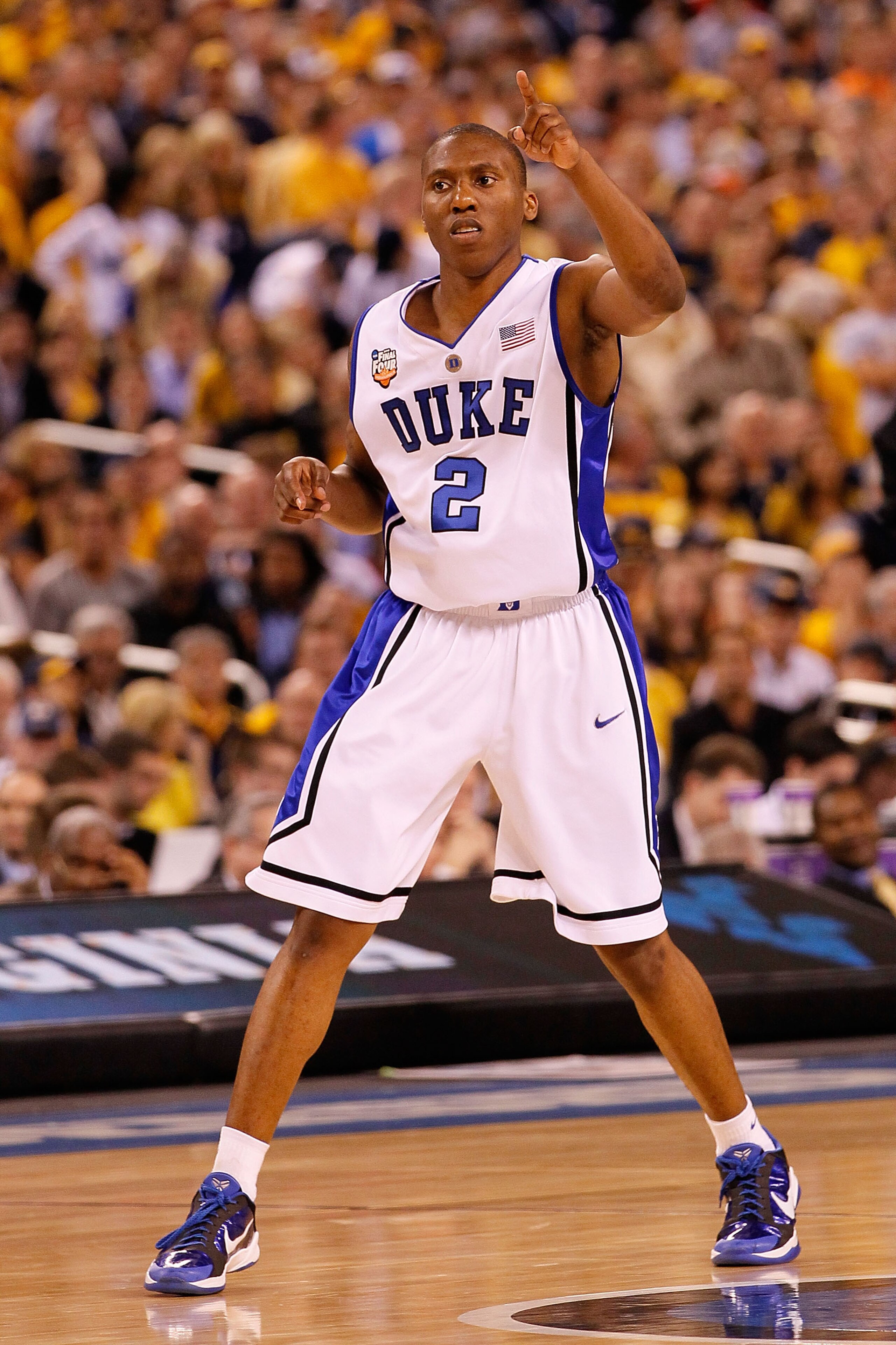 INDIANAPOLIS - APRIL 03: Nolan Smith #2 of the Duke Blue Devils reacts in the second half while taking on the West Virginia Mountaineers during the National Semifinal game of the 2010 NCAA Division I Men's Basketball Championship at Lucas Oil Stadium on INDIANAPOLIS - APRIL 03: Nolan Smith #2 of the Duke Blue Devils reacts in the second half while taking on the West Virginia Mountaineers during the National Semifinal game of the 2010 NCAA Division I Men's Basketball Championship at Lucas Oil Stadium on