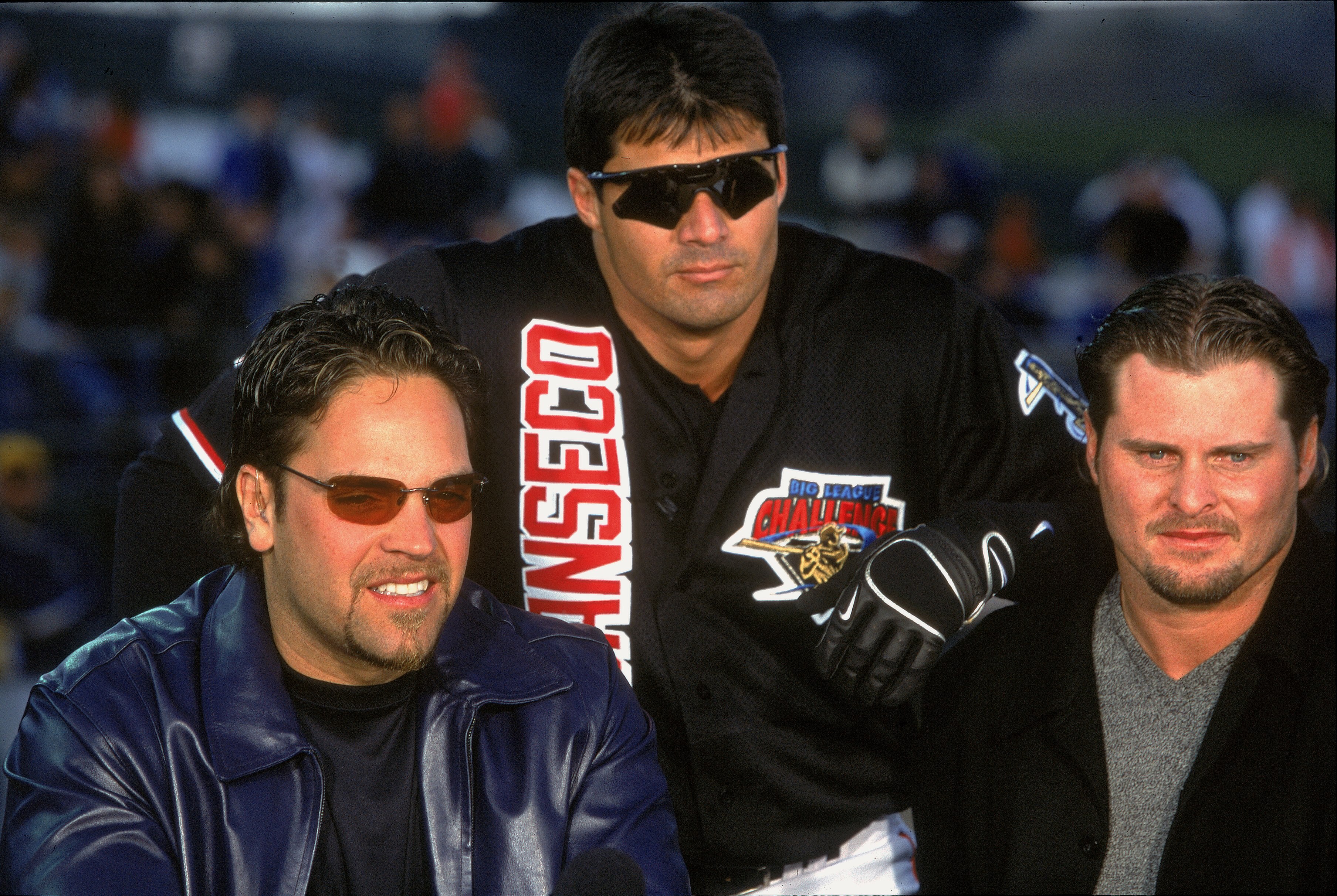 11 Feb 2001:  Mike Piazza, Jose Canseco, and Jason Giambi (L-R) pose together after the Home Run Derby at Cashman Field in Las Vegas, Nevada.Mandatory Credit: Ezra Shaw  /Allsport