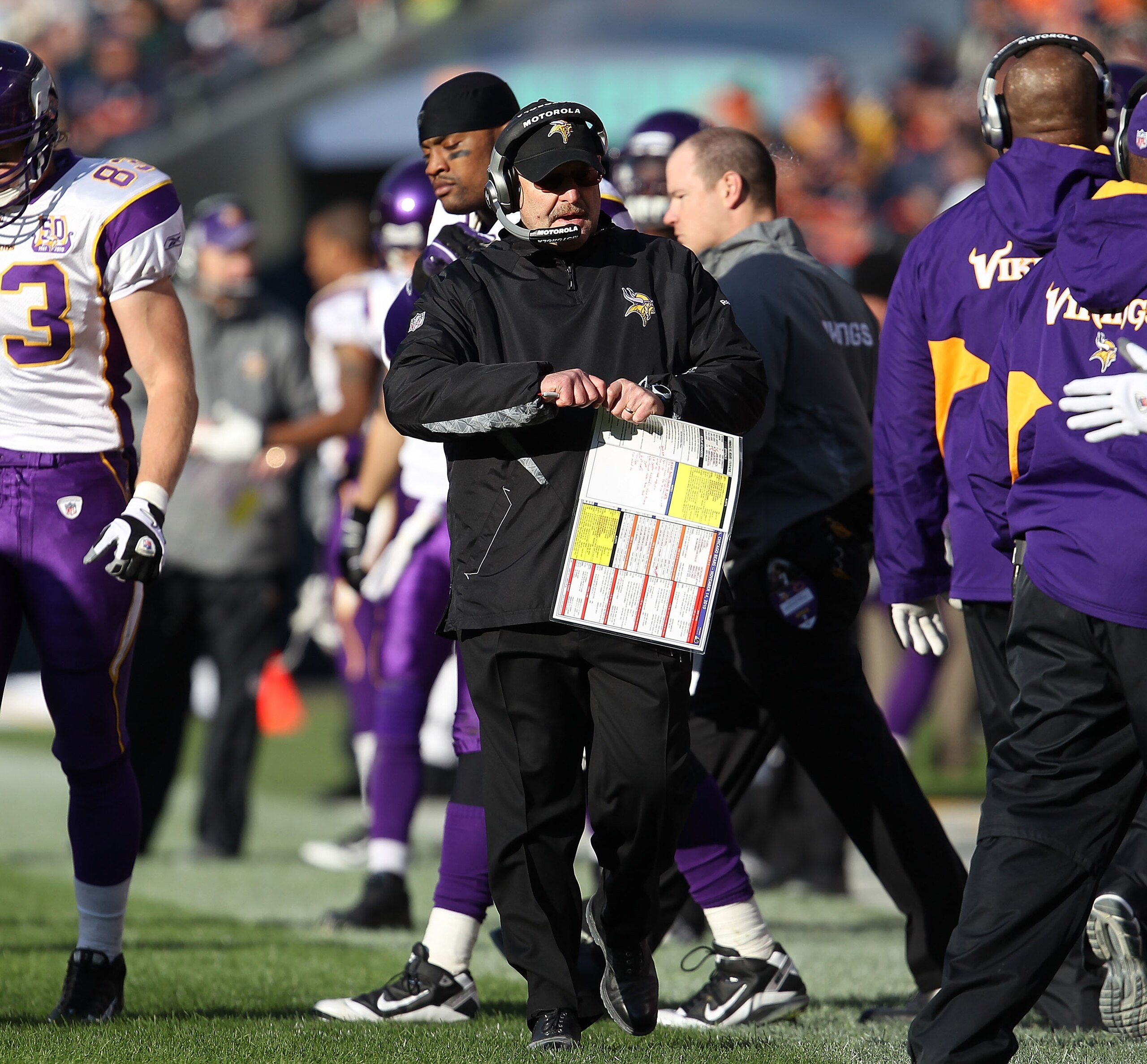 CHICAGO - NOVEMBER 14: Head coach Brad Childress of the Minnesota Vikings watches as his team takes on the Chicago Bears at Soldier Field on November 14, 2010 in Chicago, Illinois. The Bears defeated the Vikings 27-13. (Photo by Jonathan Daniel/Getty Imag