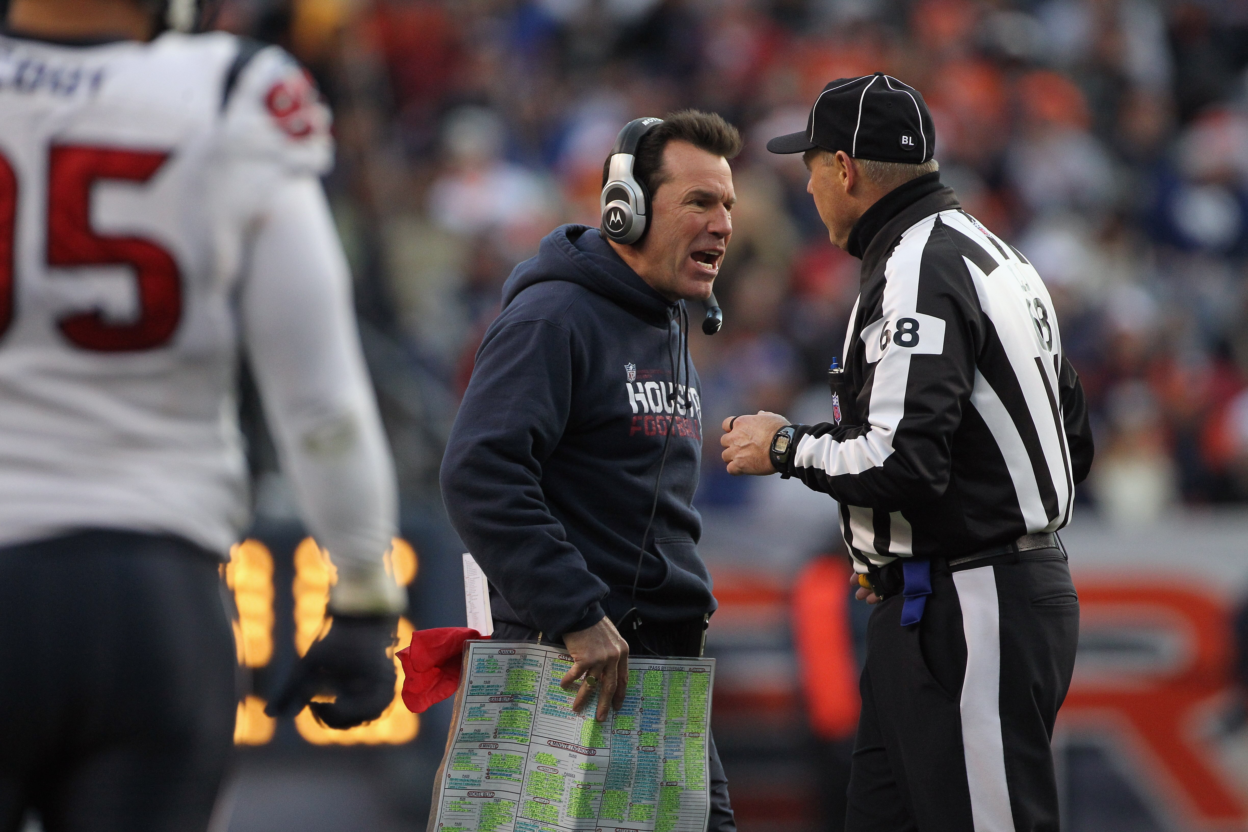 DENVER - DECEMBER 26:  Head coach Gary Kubiak of the Houston Texas has words with line judge Tom Stephan #68 as the Texans' face the Denver Broncos at INVESCO Field at Mile High on December 26, 2010 in Denver, Colorado. The Broncos defeated the Texans 24-