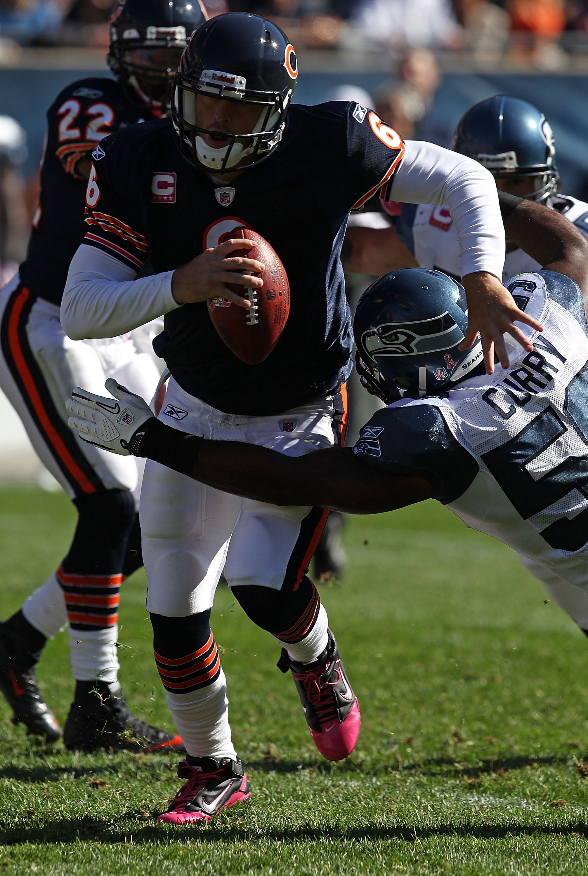 CHICAGO - OCTOBER 17: Jay Cutler #6 of the Chicago Bears is sacked by Aaron Curry #59 of the Seattle Seahawks at Soldier Field on October 17, 2010 in Chicago, Illinois. (Photo by Jonathan Daniel/Getty Images)