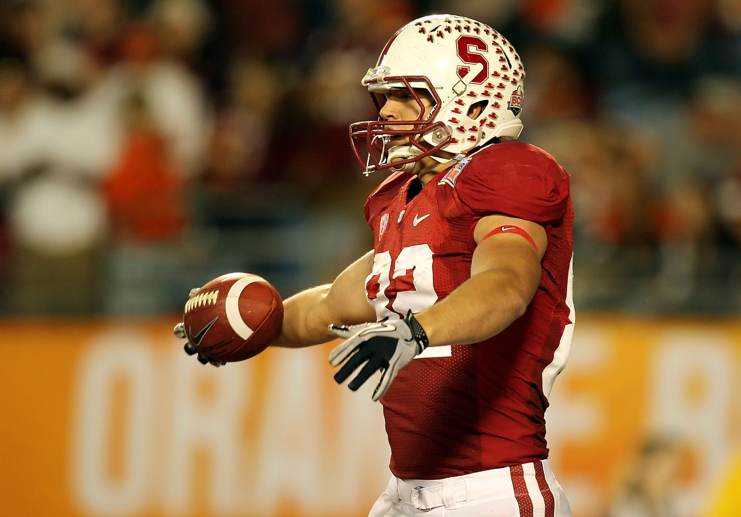 MIAMI, FL - JANUARY 03:  Coby Fleener #82 of the Stanford Cardinal celebrates after he scored a 41-yard tochdown reception in the third quarter against the Virginai Tech Hokies during the 2011 Discover Orange Bowl at Sun Life Stadium on January 3, 2011 in