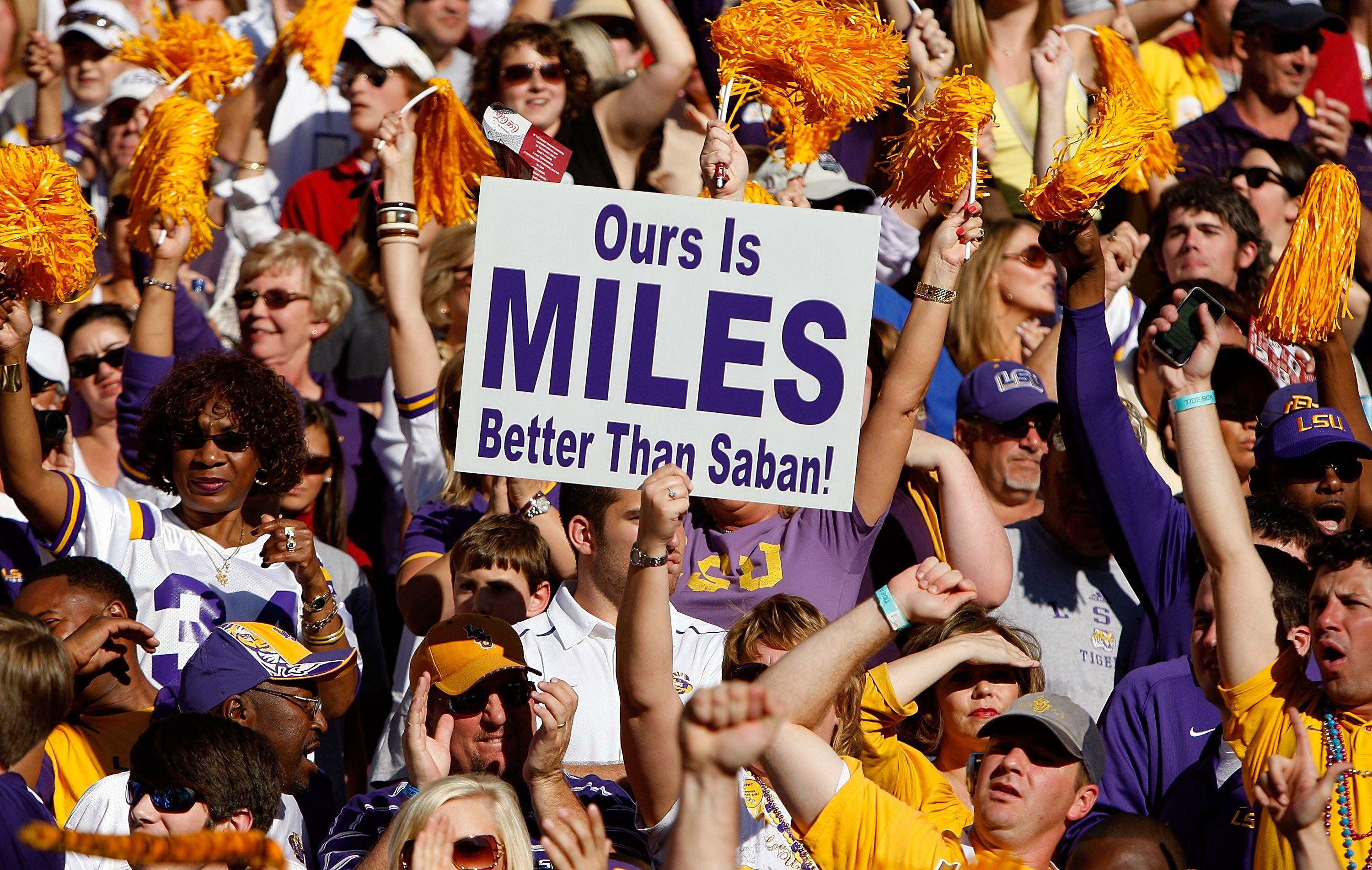 TUSCALOOSA, AL - NOVEMBER 07:  Fans of the Louisiana State University Tigers hold up a sign about head coach Les Miles (not pictured) during the game against the Alabama Crimson Tide at Bryant-Denny Stadium on November 7, 2009 in Tuscaloosa, Alabama.  (Ph