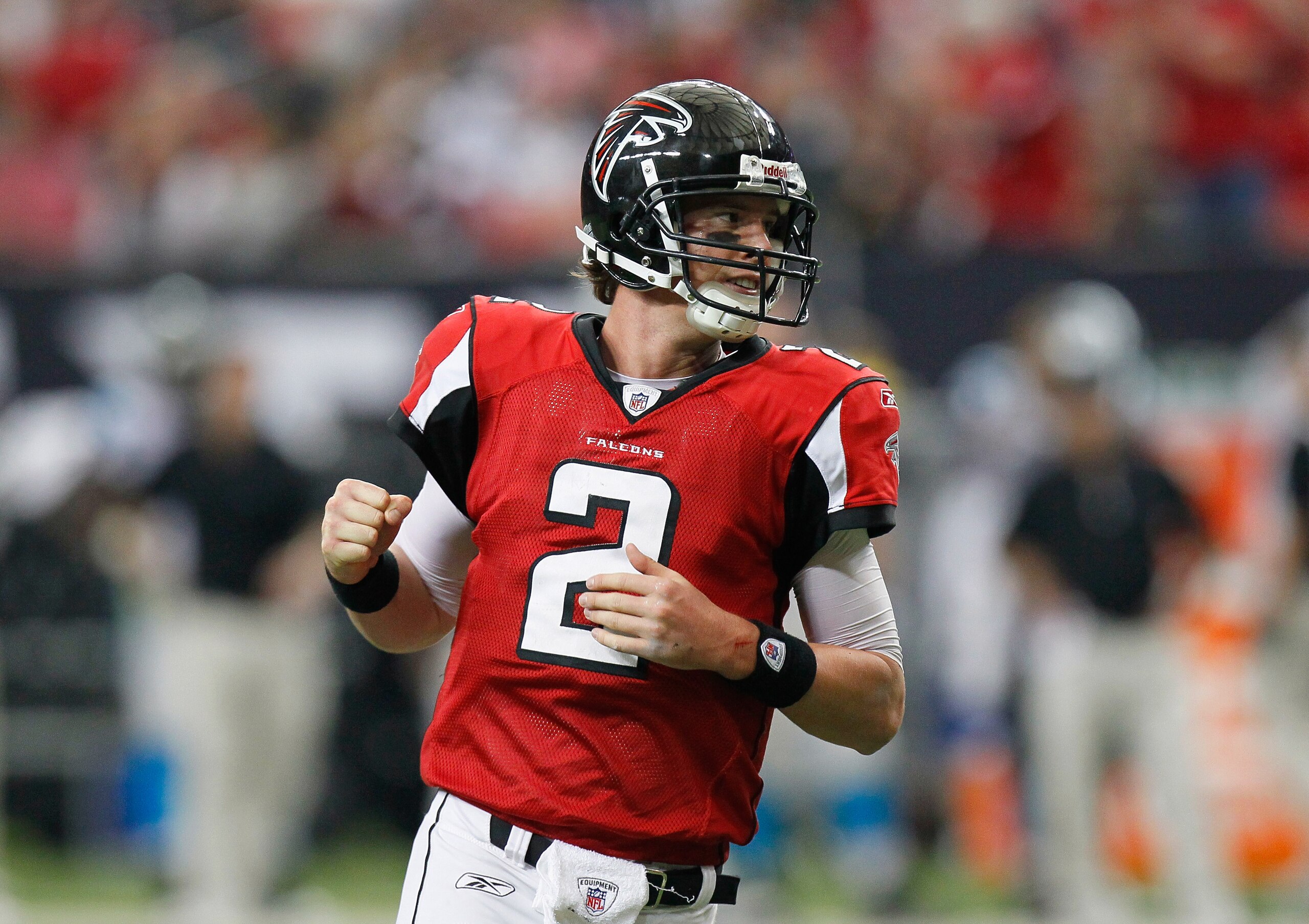 ATLANTA, GA - JANUARY 02:  Matt Ryan #2 of the Atlanta Falcons  reacts after a touchdown against the Carolina Panthers at Georgia Dome on January 2, 2011 in Atlanta, Georgia.  (Photo by Kevin C. Cox/Getty Images)