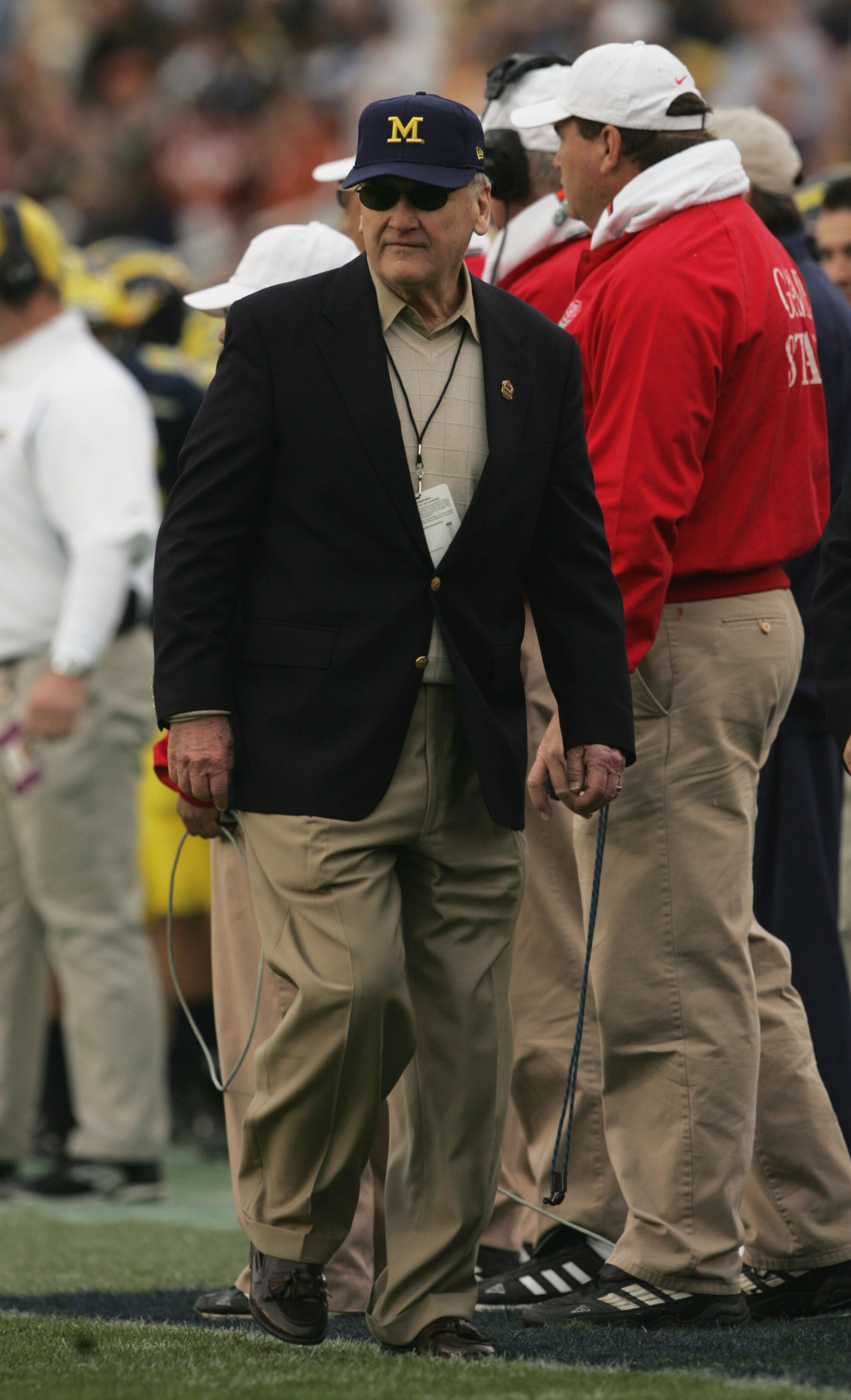 PASADENA, CA - JANUARY 1: Former Michigan coach Bo Schembechler walks the sidelines as the Texas Longhorns take on the Michigan Wolverines in the 91st Rose Bowl Game at the Rose Bowl on January 1, 2005 in Pasadena, California. Texas defeated Michigan 38-3