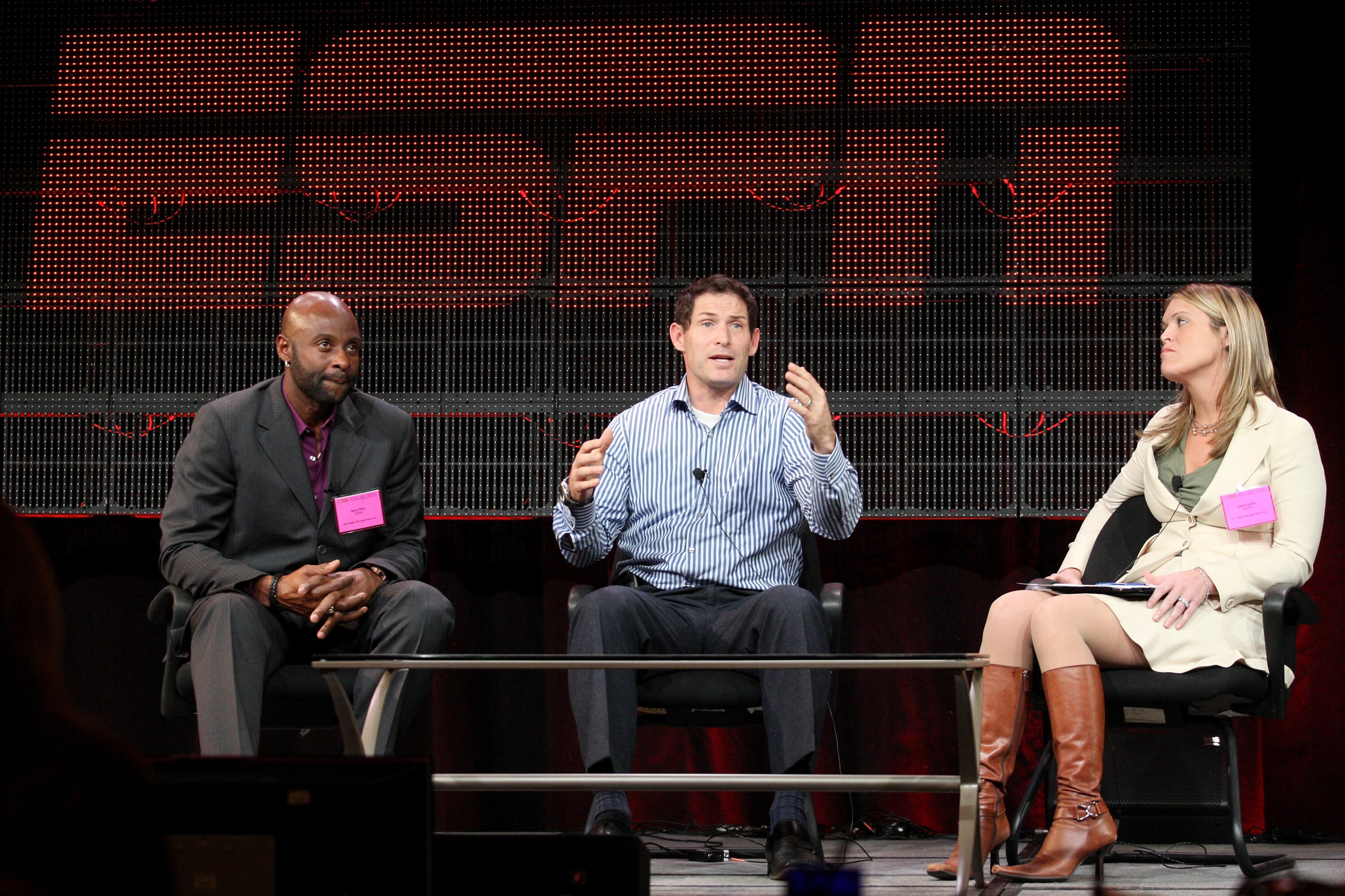 PASADENA, CA - JANUARY 05:  (L-R) NFL Hall of Famers Jerry Rice, Steve Young and Joan Lynch-Owens of ESPN speak onstage during the 'Year of the Quarterback' panel at the ESPN portion of the 2011 Winter TCA press tour held at the Langham Hotel on January 5
