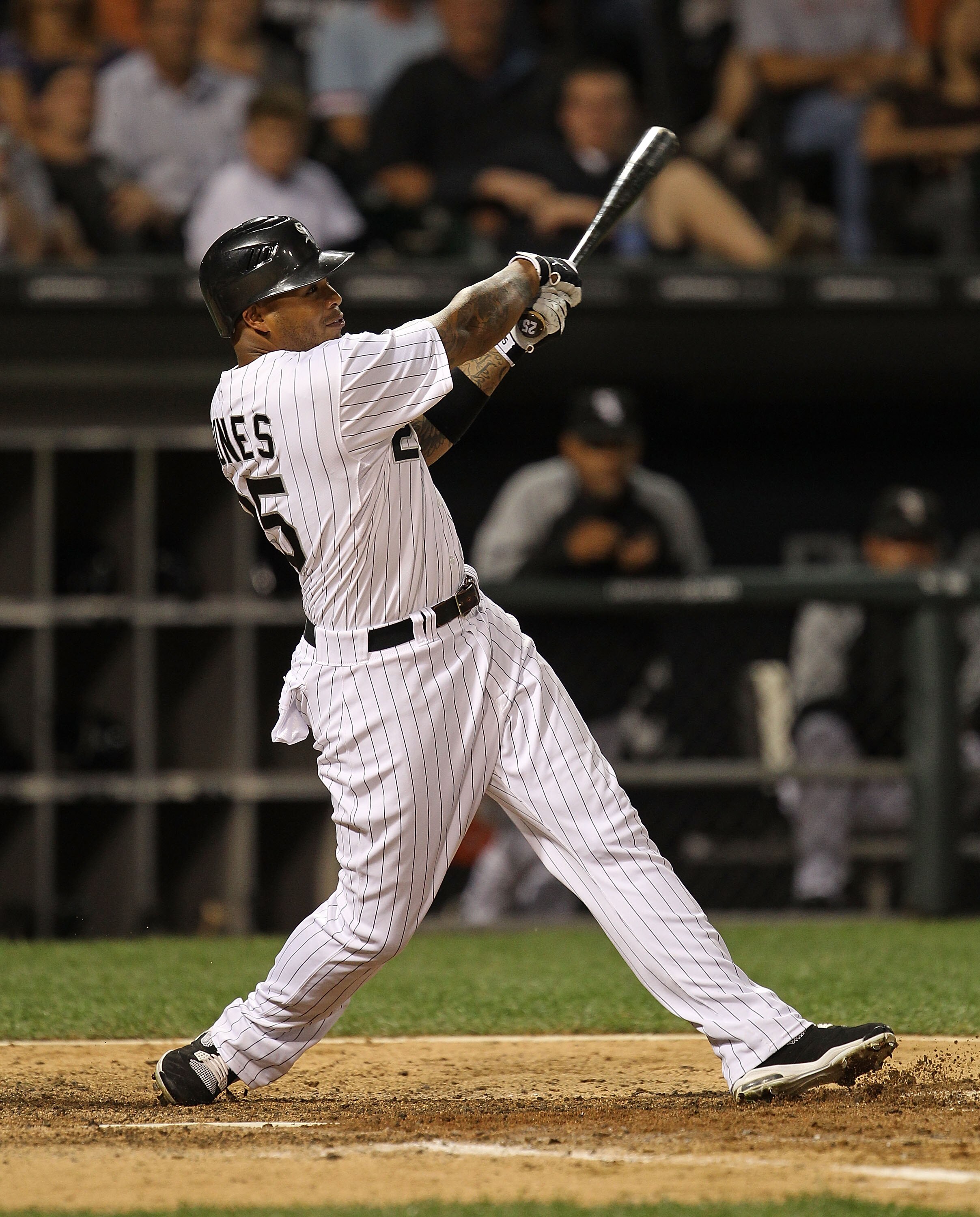 CHICAGO - AUGUST 25: Andruw Jones  #25 of the Chicago White Sox hits a fly ball against the Baltimore Orioles at U.S. Cellular Field on August 25, 2010 in Chicago, Illinois. The Orioles defeated the White Sox 4-2. (Photo by Jonathan Daniel/Getty Images)