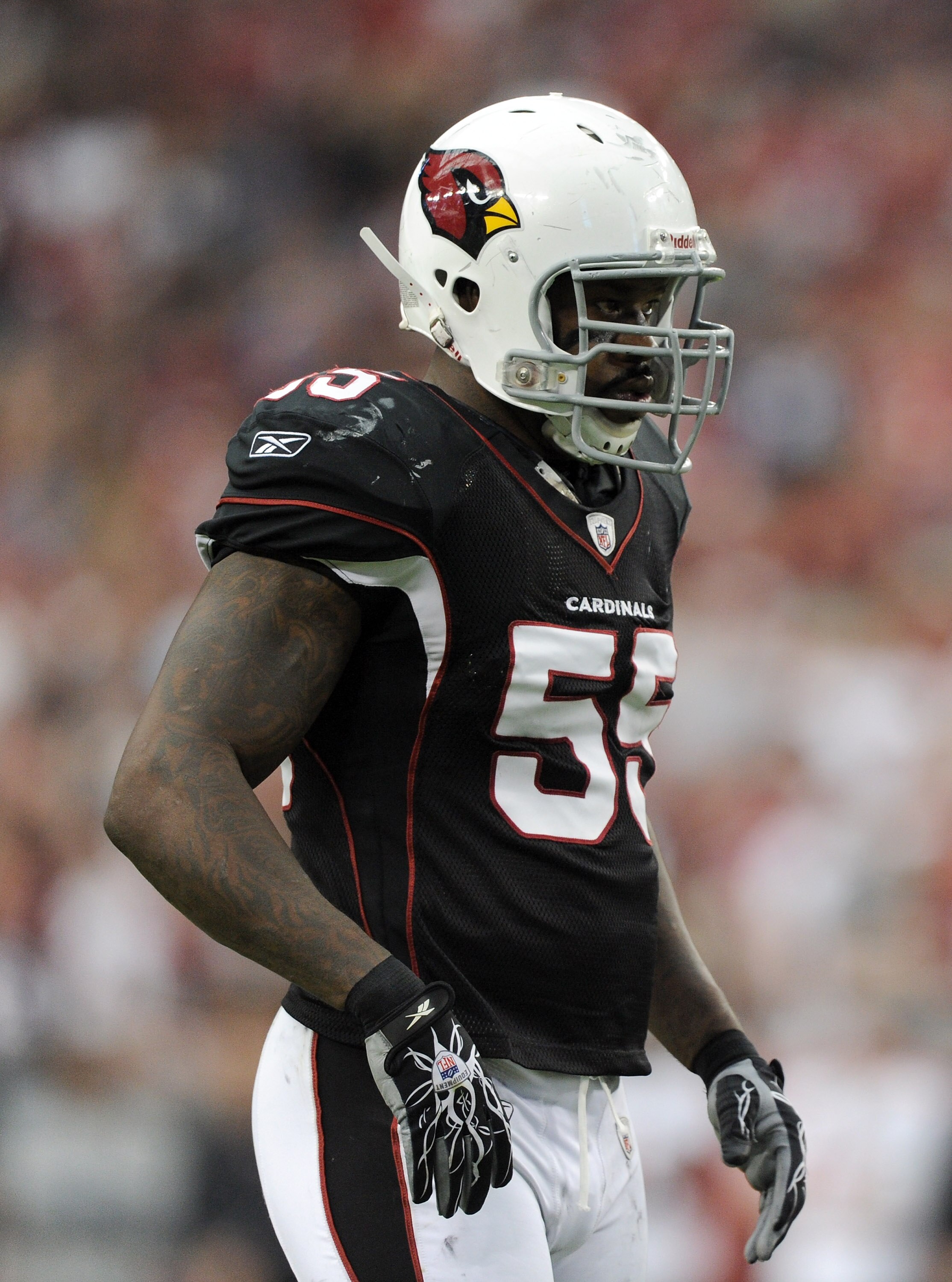 GLENDALE, AZ - OCTOBER 31:  Joey Porter #55 of the Arizona Cardinals waits at the line of scrimmage against the Tampa Bay Buccaneers at University of Phoenix Stadium on October 31, 2010 in Glendale, Arizona.  (Photo by Harry How/Getty Images)