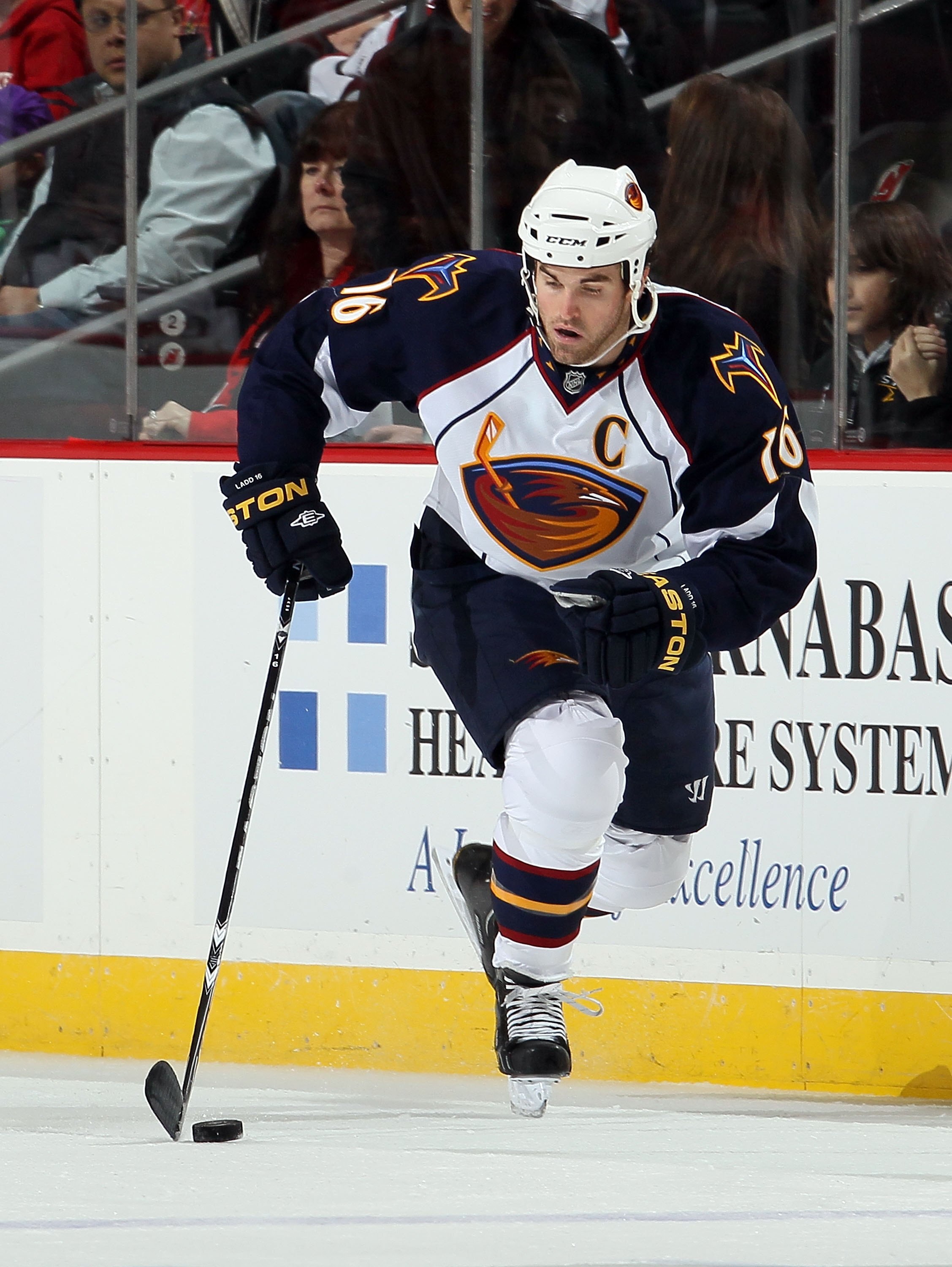 NEWARK, NJ - DECEMBER 31:  Andrew Ladd #16 of the Atlanta Thrashers skates against the New Jersey Devils at the Prudential Center on December 31, 2010 in Newark, New Jersey. The Devils defeated the Thrashers 3-1.  (Photo by Jim McIsaac/Getty Images)