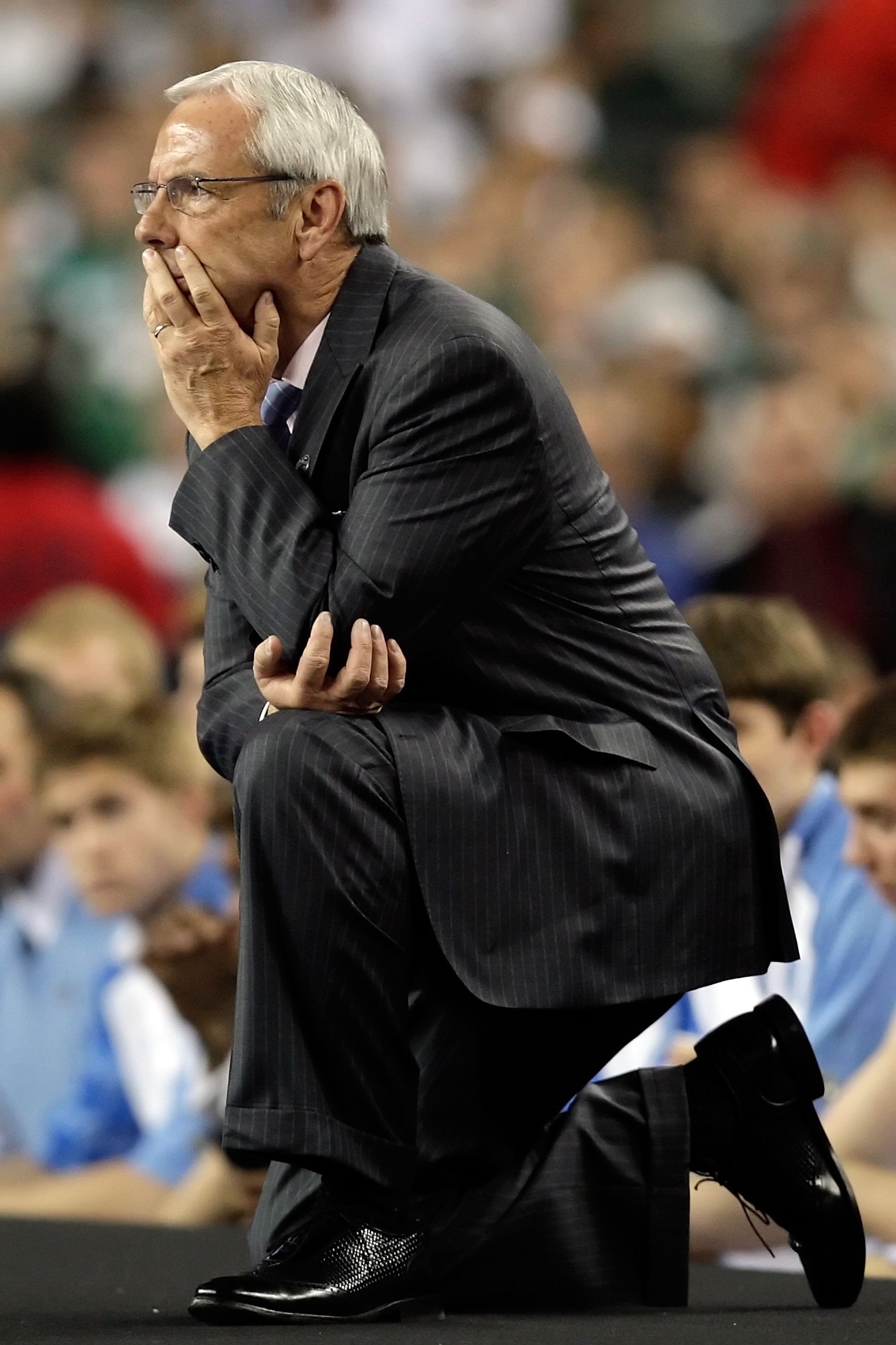DETROIT - APRIL 06:  Head coach Roy Williams of the North Carolina Tar Heels looks on against the Michigan State Spartans during the 2009 NCAA Division I Men's Basketball National Championship game at Ford Field on April 6, 2009 in Detroit, Michigan.  (Ph