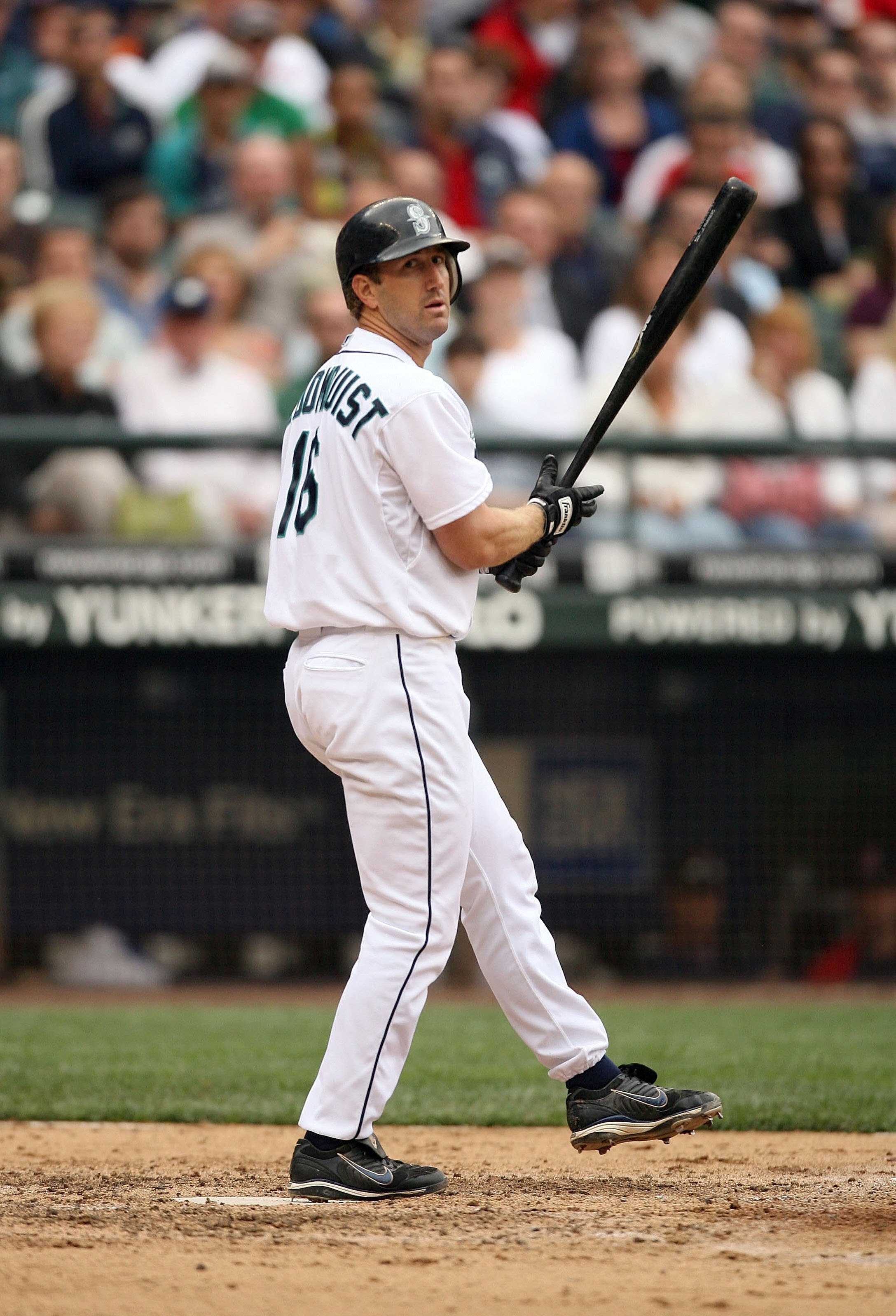 SEATTLE - JULY 23:  Willie Bloomquist #16 of the Seattle Mariners bats during their MLB game against the Boston Red Sox on July 23, 2008 at Safeco Field in Seattle, Washington. (Photo by Otto Greule Jr/Getty Images)
