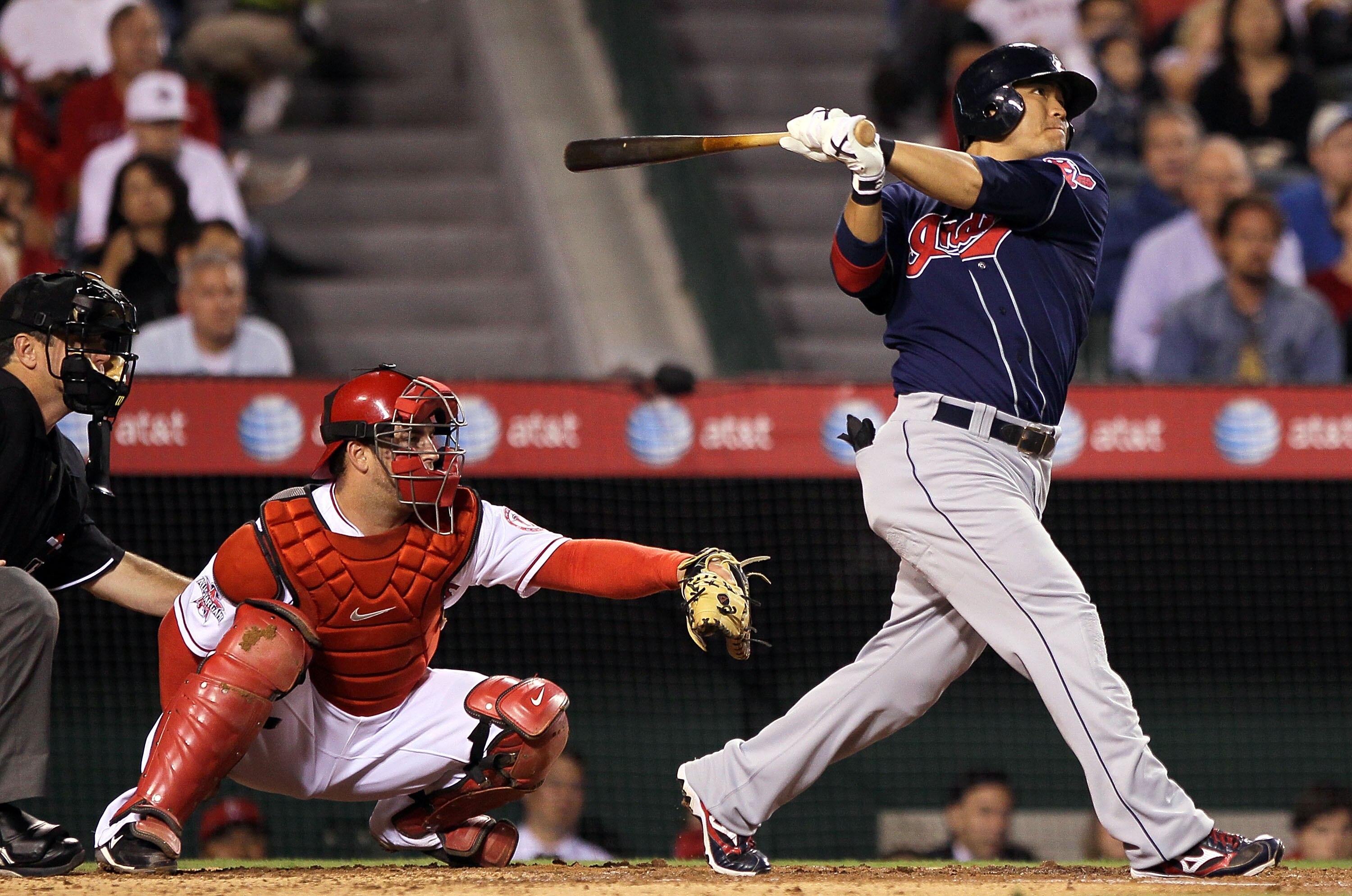 ANAHEIM, CA - SEPTEMBER 07:  Shin-Soo Choo #17 of the Cleveland Indians hits a a sacrifice fly in the game against the Los Angeles Angels of Anaheim at Angel Stadium on September 7, 2010 in Anaheim, California.  (Photo by Jeff Gross/Getty Images)