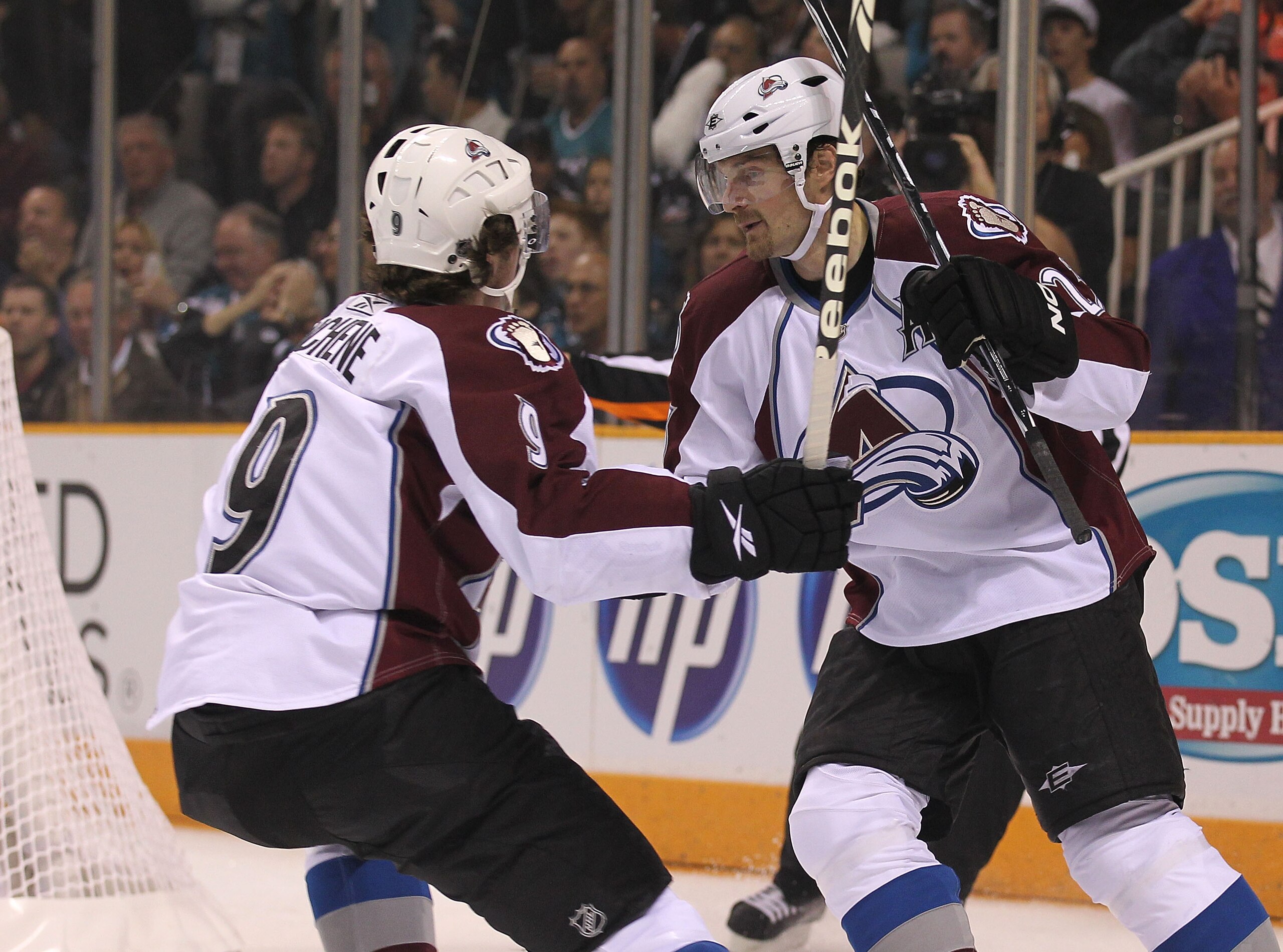 SAN JOSE, CA - APRIL 16:  Milan Hejduk #23 of the Colorado Avalanche celebrates with teammate Matt Duchene #9 after scoring against the San Jose Sharks in Game Two of the Western Conference Quarterfinals during the 2010 NHL Stanley Cup Playoffs at HP Pavi