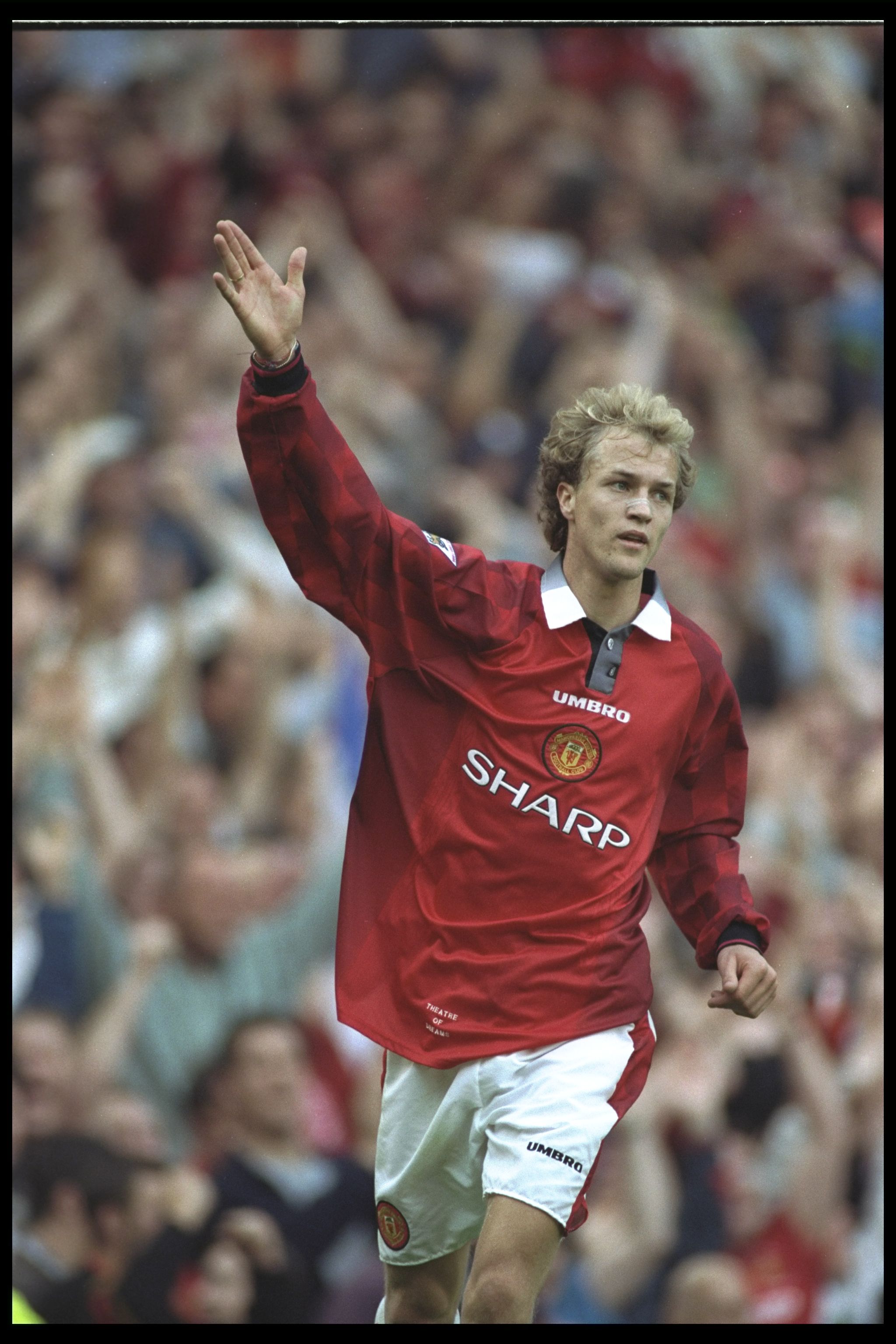 23 Aug 1996:  Jordi Cryuff of Manchester United celebrates his goal during the Premier League match between Manchester United and Blackburn Rovers at Old Trafford in Manchester. The match ended in a 2-2 draw. Mandatory Credit: Clive Brunskill/Allsport