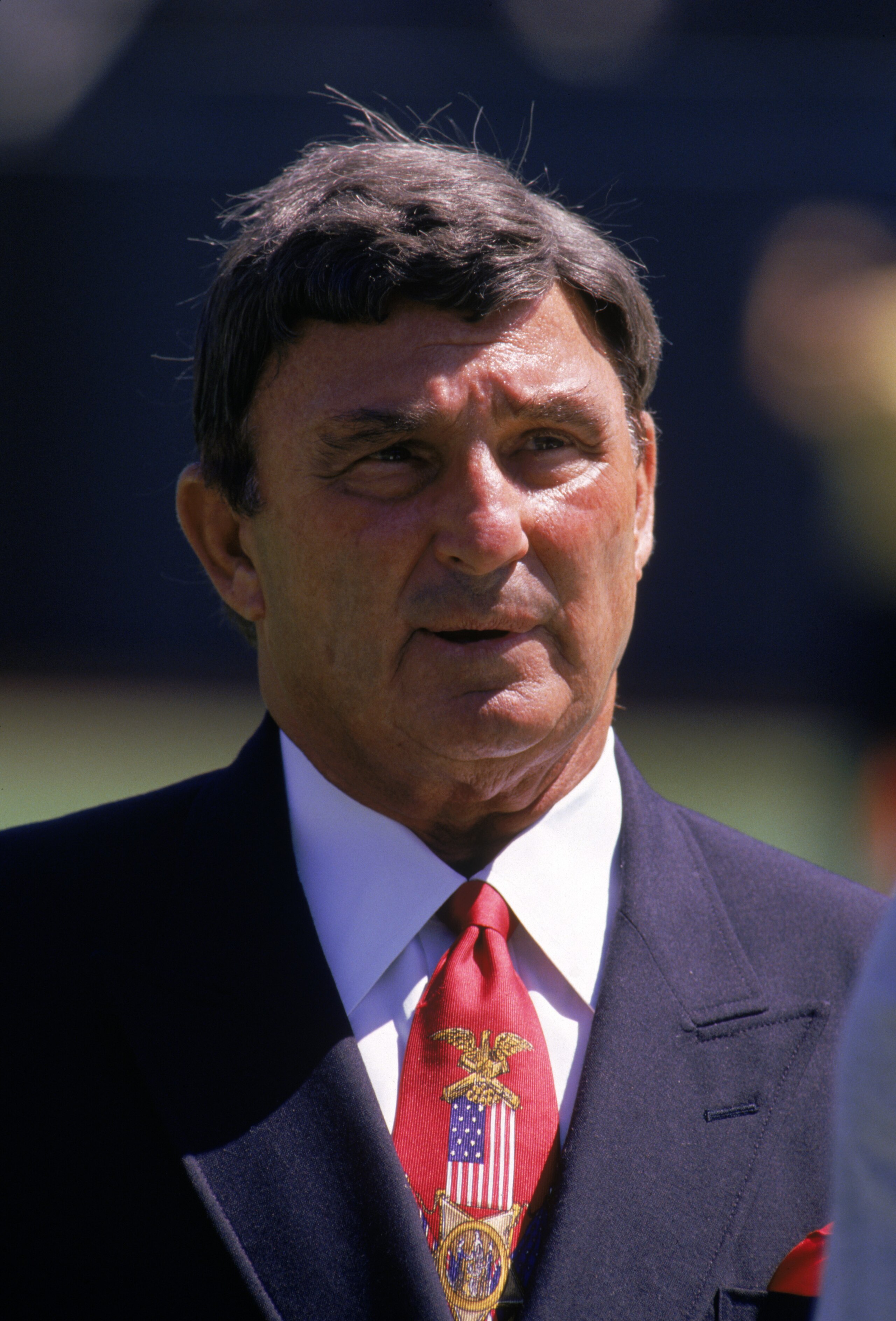 OAKLAND, CA - AUGUST 12:  Hall of Fame coach Hank Stram attends a pre-season game between the St. Louis Rams and the Oakland Raiders at the Oakland/Alameda County Coliseum on August 12, 1995 in Oakland, California.  The Raiders won 27-22.  (Photo by Georg