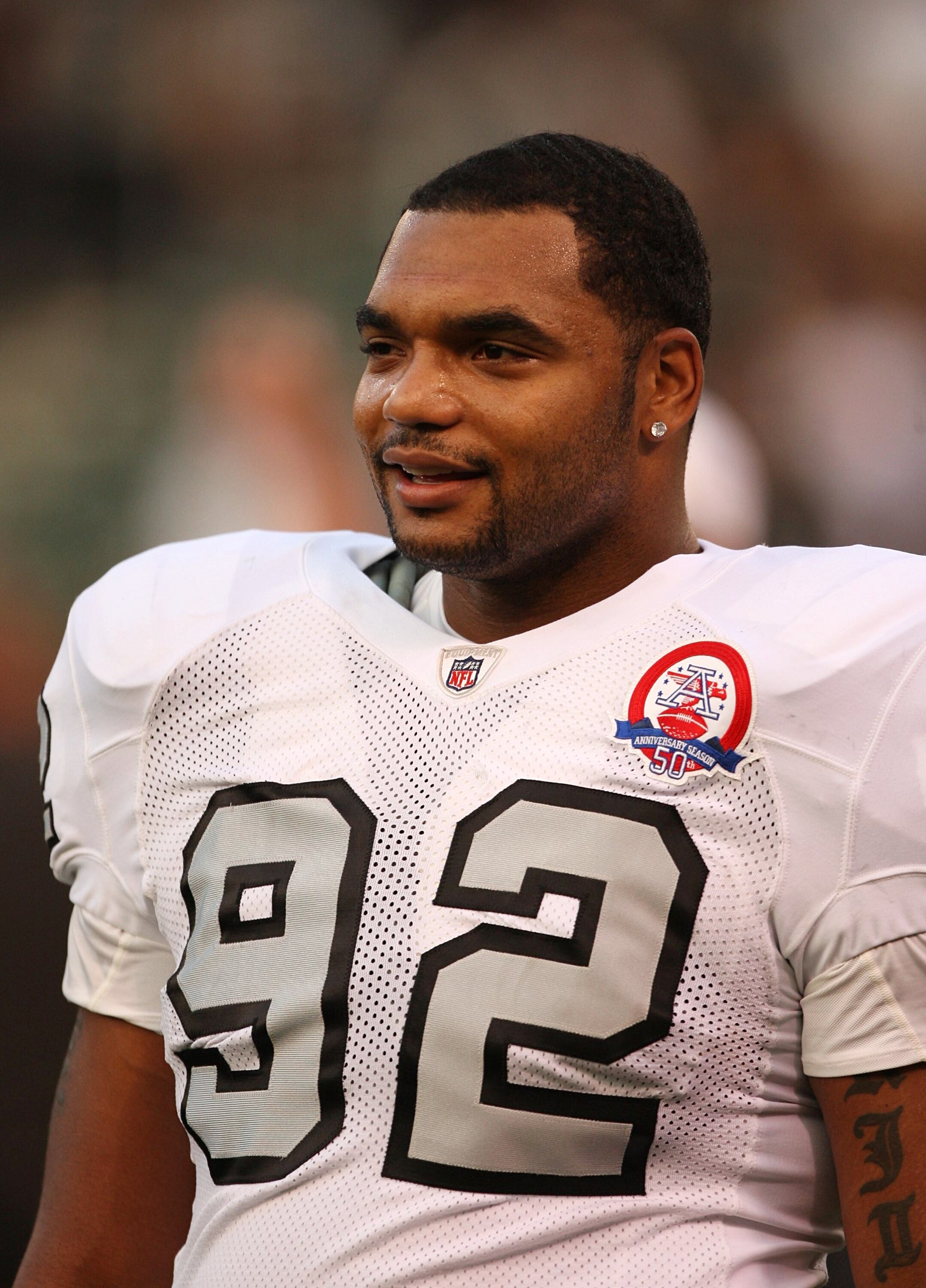 OAKLAND, CA - SEPTEMBER 14:  Richard Seymour #92 of the Oakland Raiders looks on during warm-ups against the San Diego Chargers on September 14, 2009 at the Oakland-Alameda County Coliseum in Oakland, California.  (Photo by (Ezra Shaw/Getty Images)