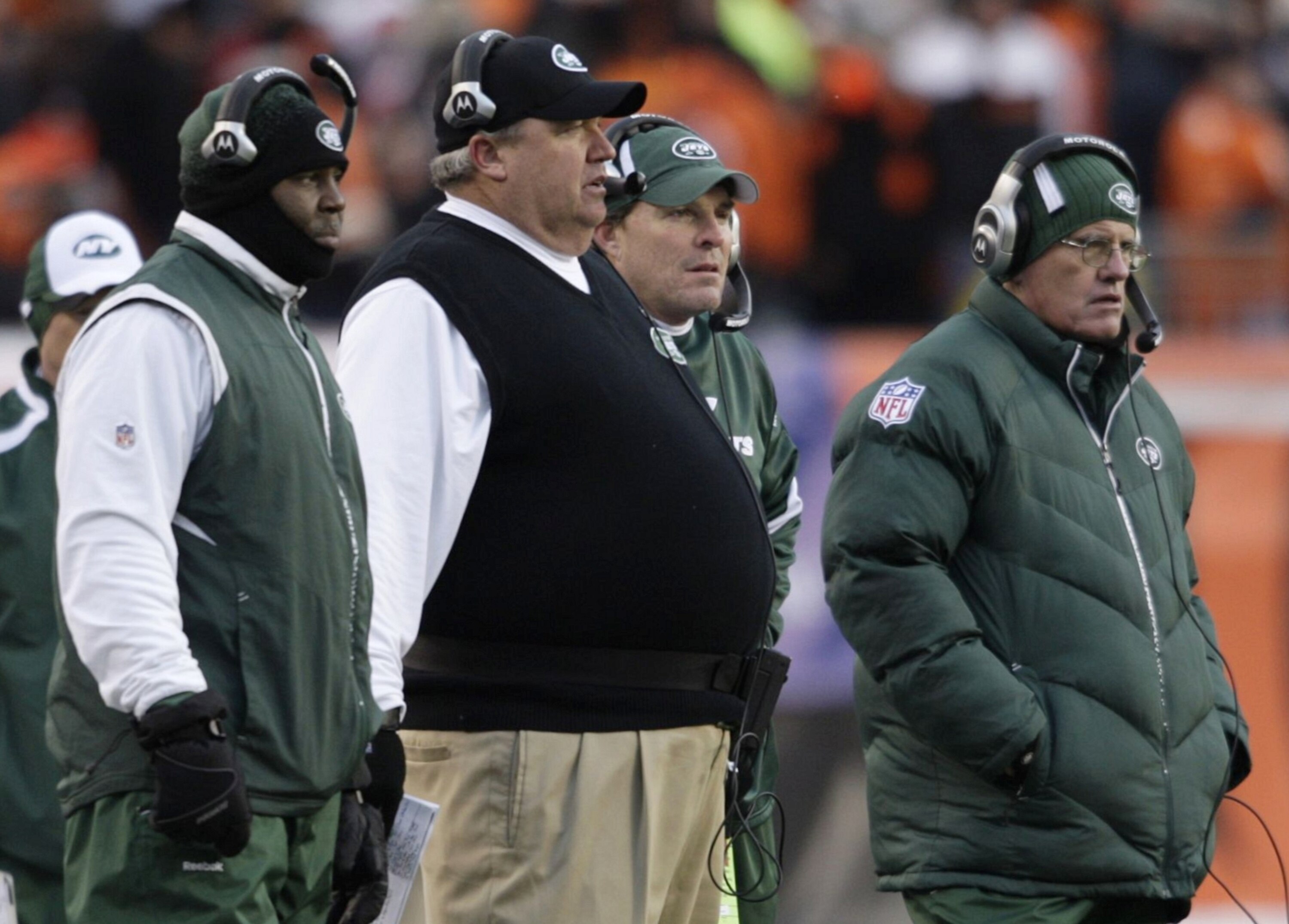 CINCINNATI - JANUARY 9:  (2nd from L) Head coach Rex Ryan of the New York Jets stands with members of his coaching staff during the 2010 AFC wild-card playoff game against the Cincinnati Bengals at Paul Brown Stadium on January 9, 2010 in Cincinnati, Ohio