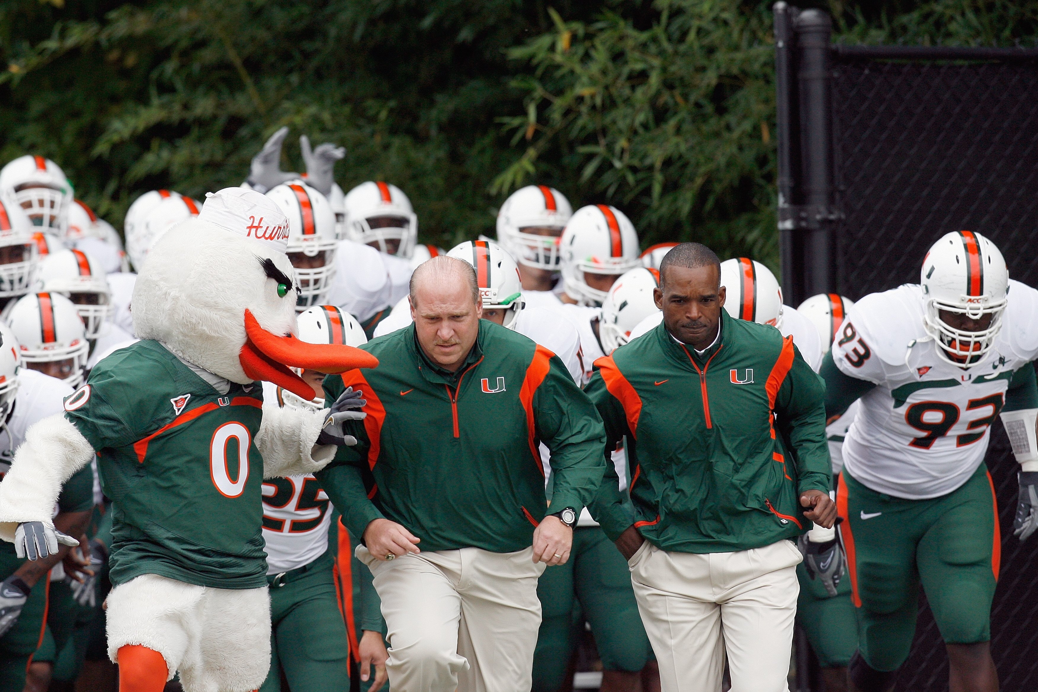 DURHAM, NC - OCTOBER 18:  Head coach Randy Shannon of the Miami Hurricanes leads his team onto the field before the game against the Duke Blue Devils at Wallace Wade Stadium on October 18, 2008 in Durham, North Carolina.  (Photo by Kevin C. Cox/Getty Imag