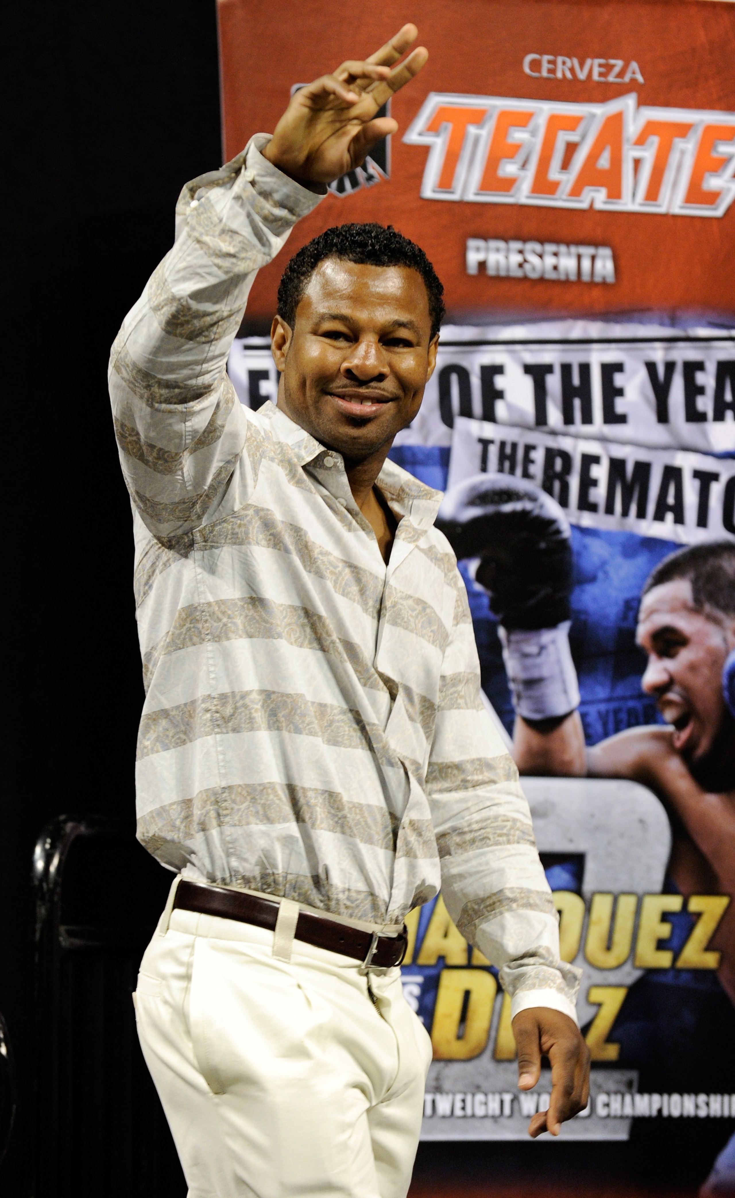 LAS VEGAS - JULY 30:  Boxer Shane Mosley appears during the official weigh-in for WBA/WBO lightweight champion Juan Manuel Marquez and Juan Diaz at the Mandalay Bay Events Center July 30, 2010 in Las Vegas, Nevada. Marquez will defend his titles against D