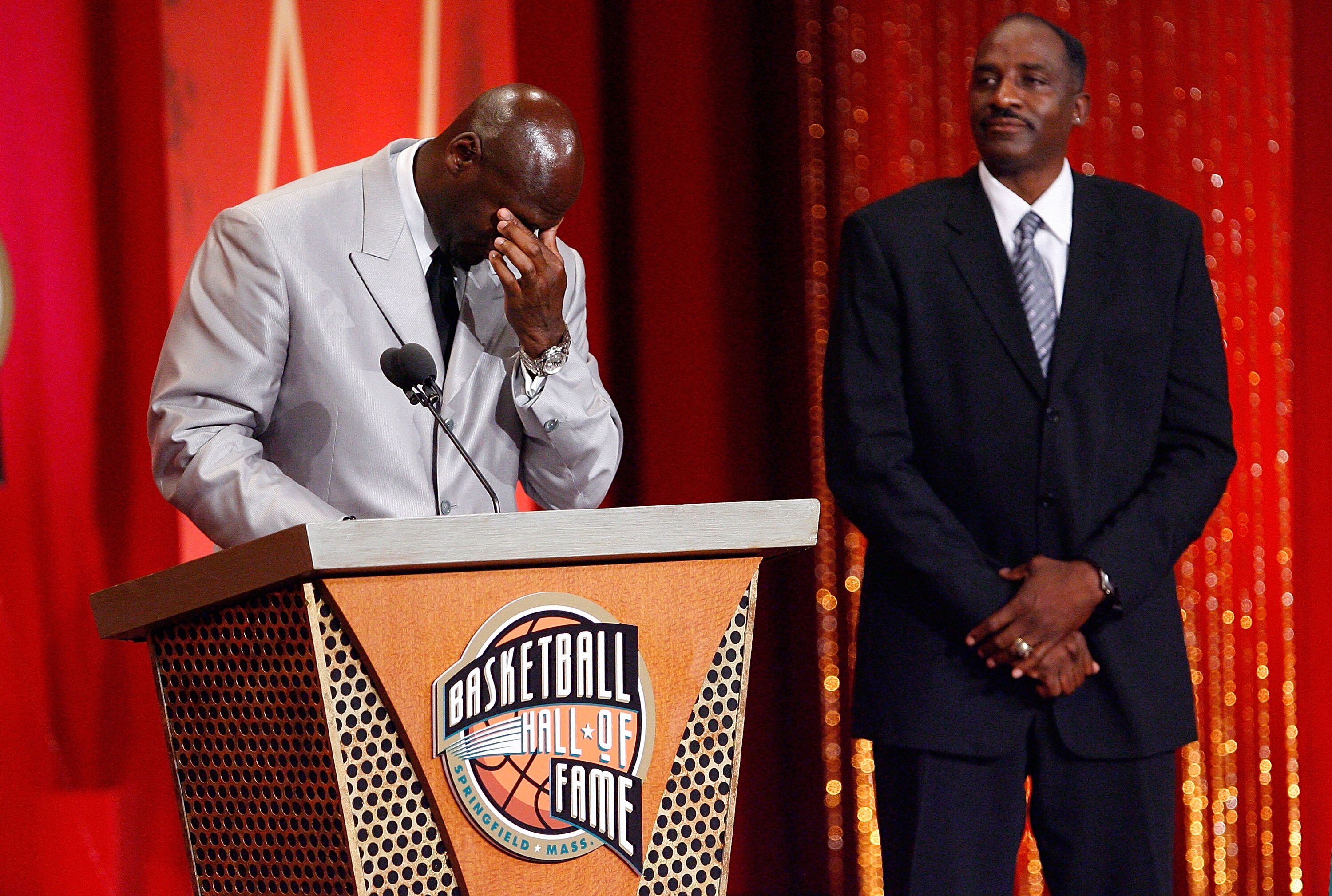 SPRINGFIELD, MA - SEPTEMBER 11: David Thompson presents Michael Jordan to the Naismith Memorial Basketball Hall of Fame during an induction ceremony on September 11, 2009 in Springfield, Massachusetts. NOTE TO USER: User expressly acknowledges and agrees