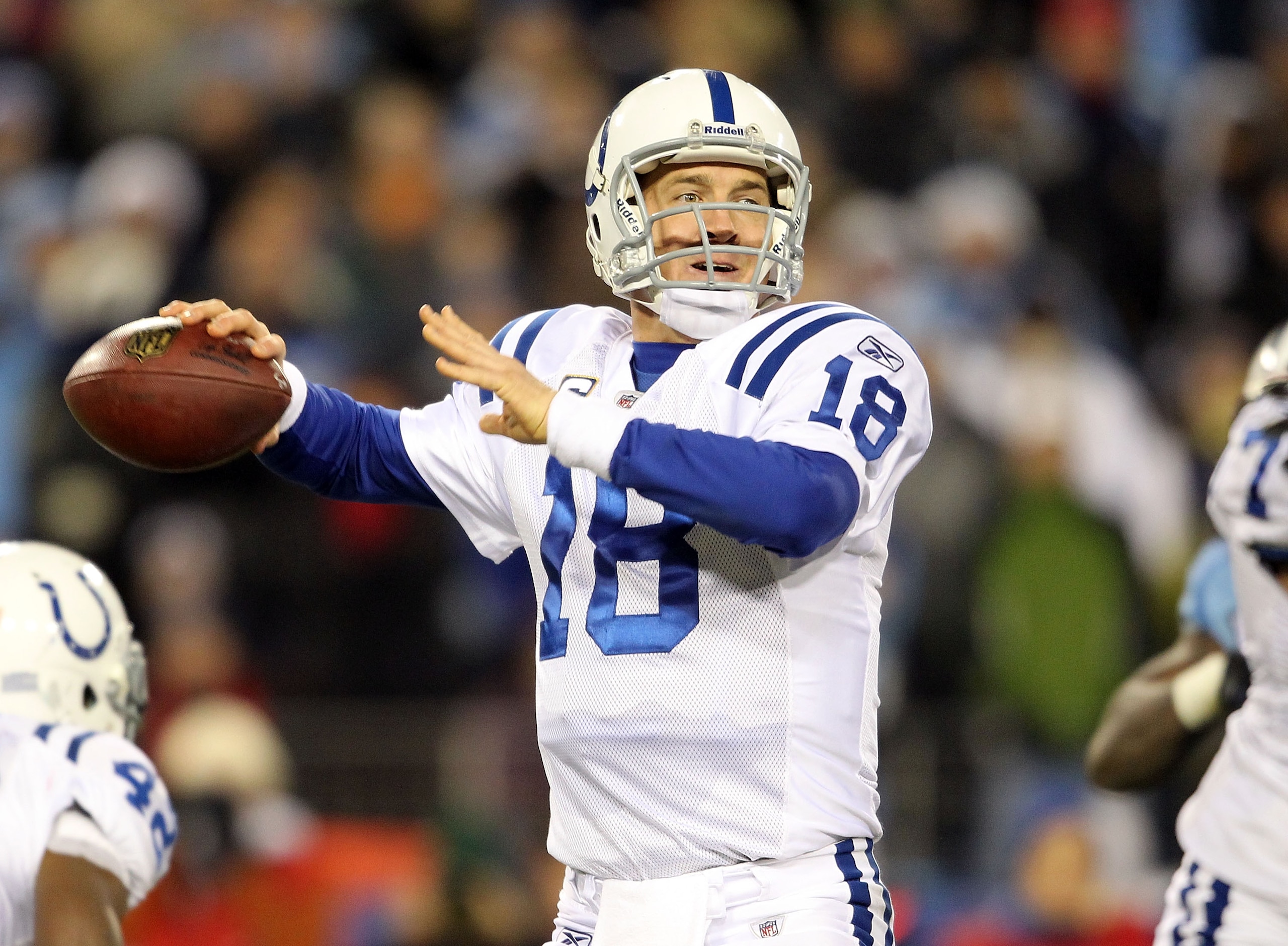 NASHVILLE, TN - DECEMBER 09: Peyton Manning #18 of the Indianapolis Colts throws a pass during the NFL game against the Tennessee Titans at LP Field on December 9, 2010 in Nashville, Tennessee. The Colts won 30-28. (Photo by Andy Lyons/Getty Images) NASHVILLE, TN - DECEMBER 09: Peyton Manning #18 of the Indianapolis Colts throws a pass during the NFL game against the Tennessee Titans at LP Field on December 9, 2010 in Nashville, Tennessee. The Colts won 30-28. (Photo by Andy Lyons/Getty Images)