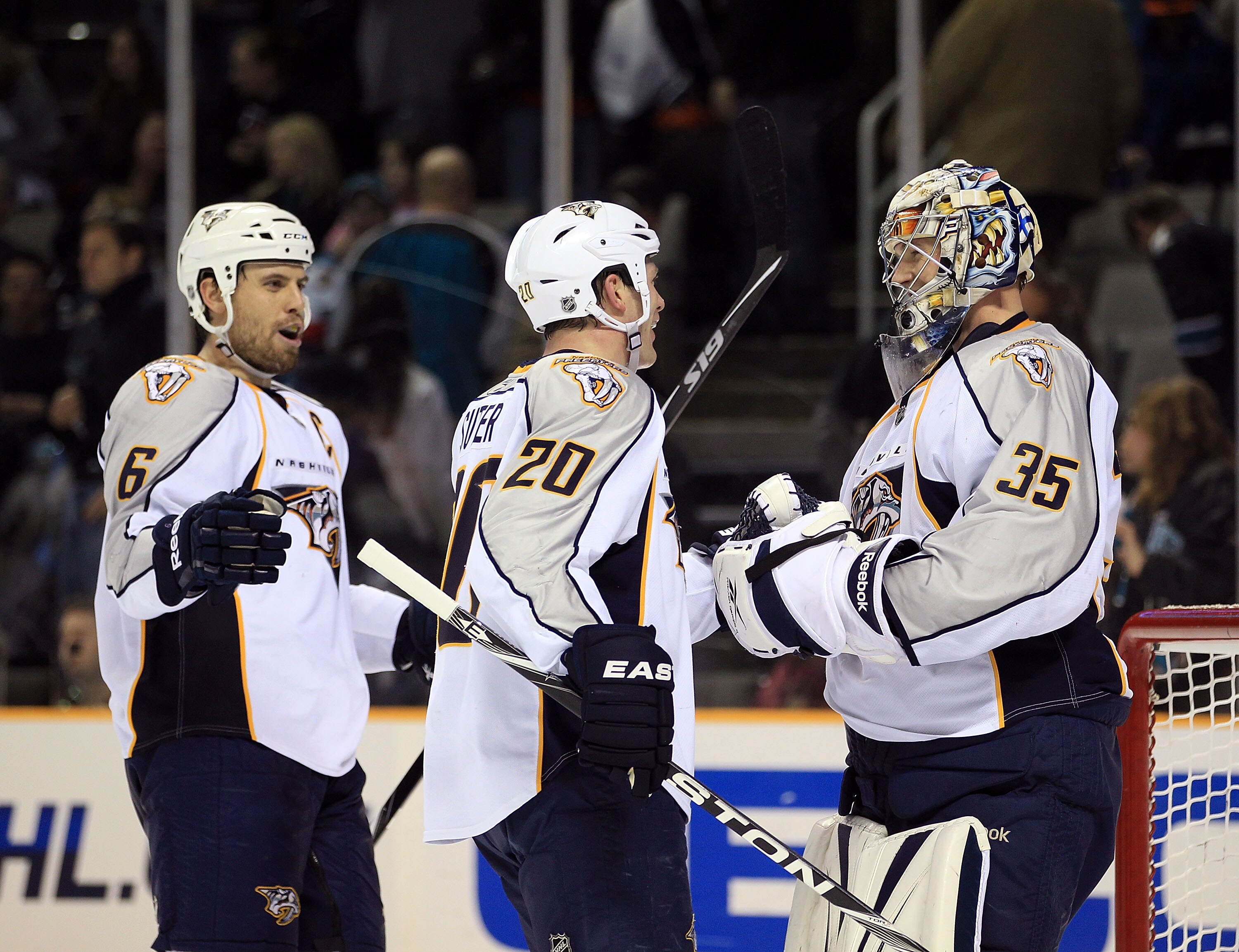 SAN JOSE, CA - JANUARY 08: Pekka Rinne #35 of the Nashville Predators is congratulated by Ryan Suter #20 and Shea Weber #6 after they beat the San Jose Sharks at HP Pavilion on January 8, 2011 in San Jose, California. (Photo by Ezra Shaw/Getty Images) SAN JOSE, CA - JANUARY 08: Pekka Rinne #35 of the Nashville Predators is congratulated by Ryan Suter #20 and Shea Weber #6 after they beat the San Jose Sharks at HP Pavilion on January 8, 2011 in San Jose, California. (Photo by Ezra Shaw/Getty Images)