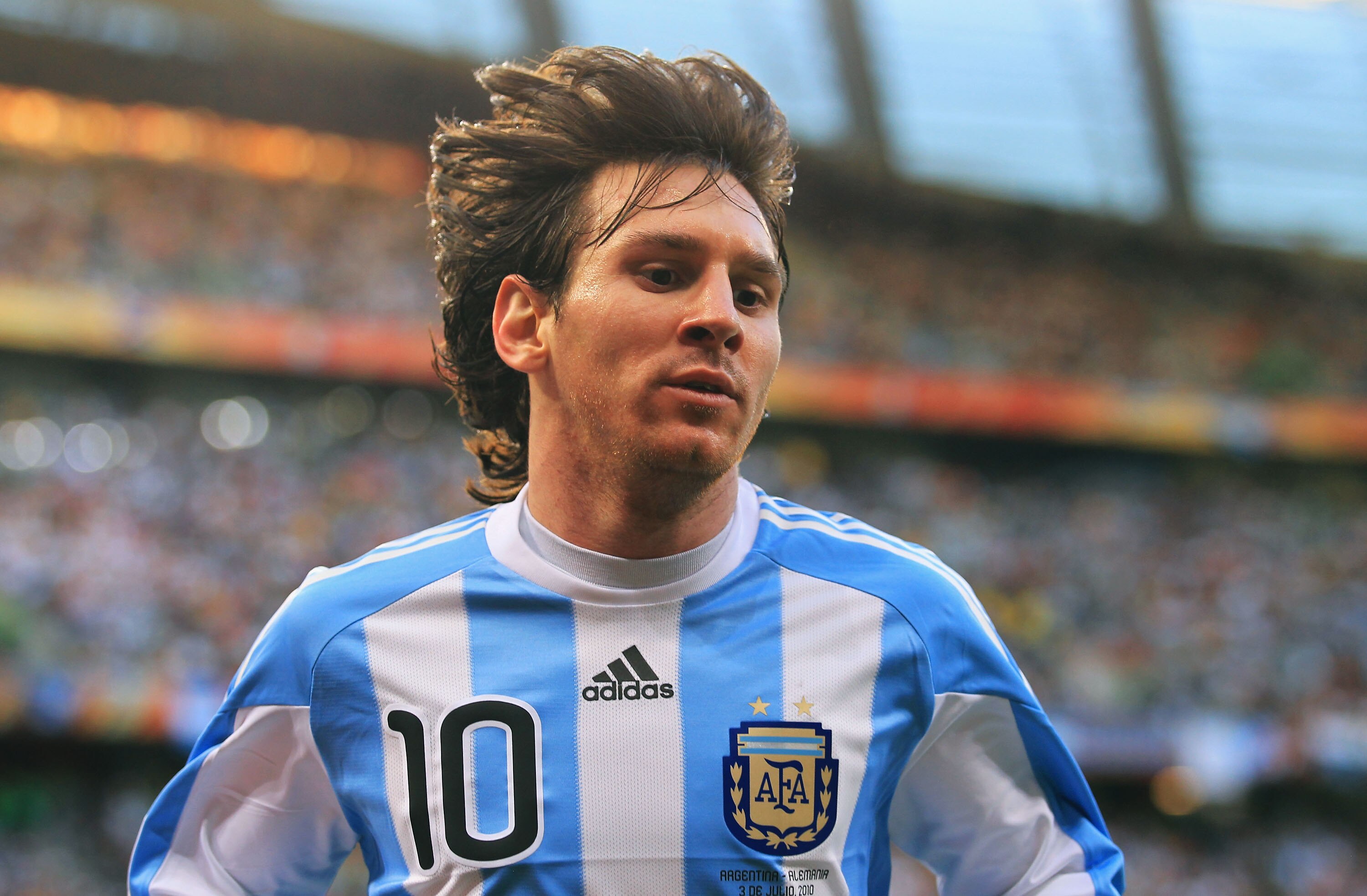 CAPE TOWN, SOUTH AFRICA - JULY 03:  Lionel Messi of Argentina looks on during the 2010 FIFA World Cup South Africa Quarter Final match between Argentina and Germany at Green Point Stadium on July 3, 2010 in Cape Town, South Africa.  (Photo by Chris McGrat