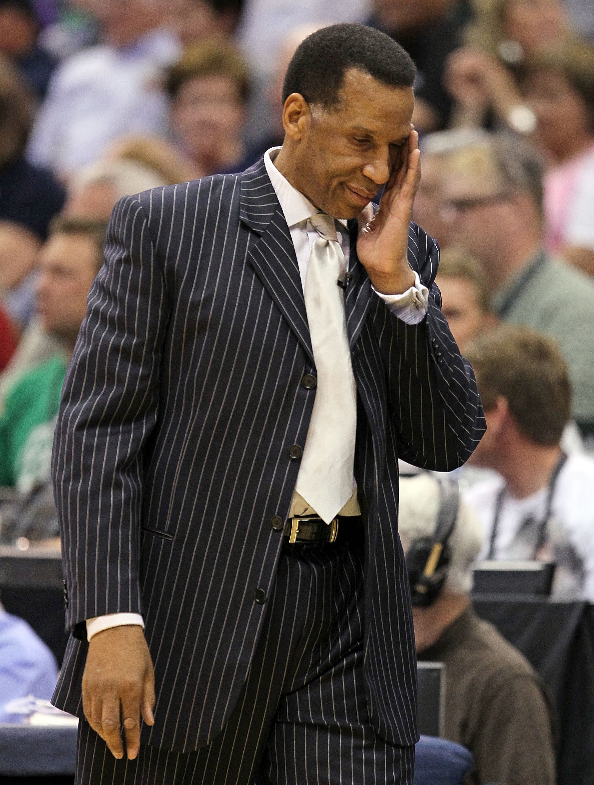 SALT LAKE CITY - APRIL 25:  Adrian Dantley the acting Head Coach of the Denver Nuggets reacts to a call that went against the Nuggets against the Utah Jazz during  Game Four of the Western Conference Quarterfinals of the 2010 NBA Playoffs at EnergySolutio