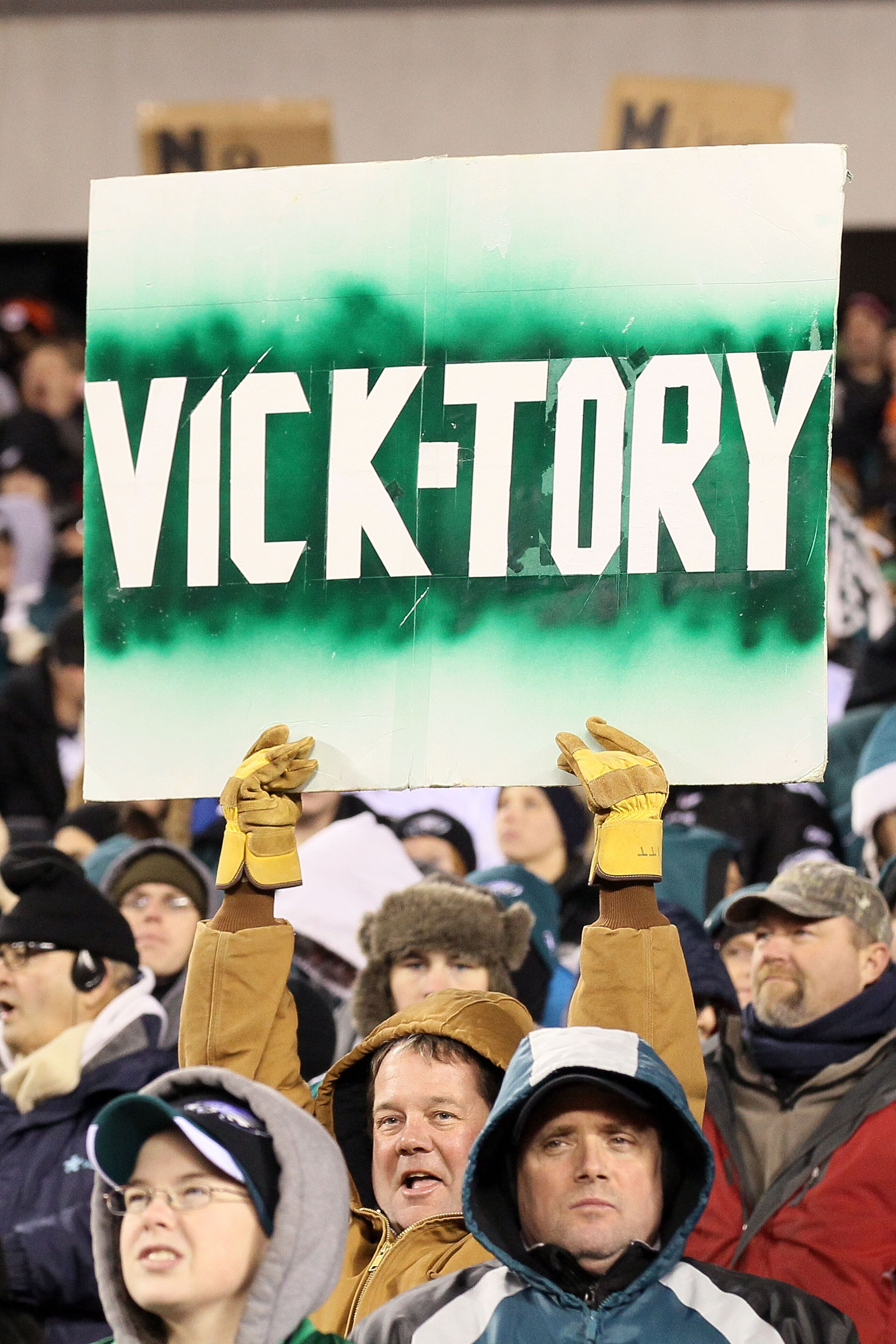 PHILADELPHIA, PA - DECEMBER 28:  A Philadelphia Eagles fan holds a ' VICK-TORY' sign in the crowd during their game against the Minnesota Vikings at Lincoln Financial Field on December 28, 2010 in Philadelphia, Pennsylvania.  (Photo by Jim McIsaac/Getty I