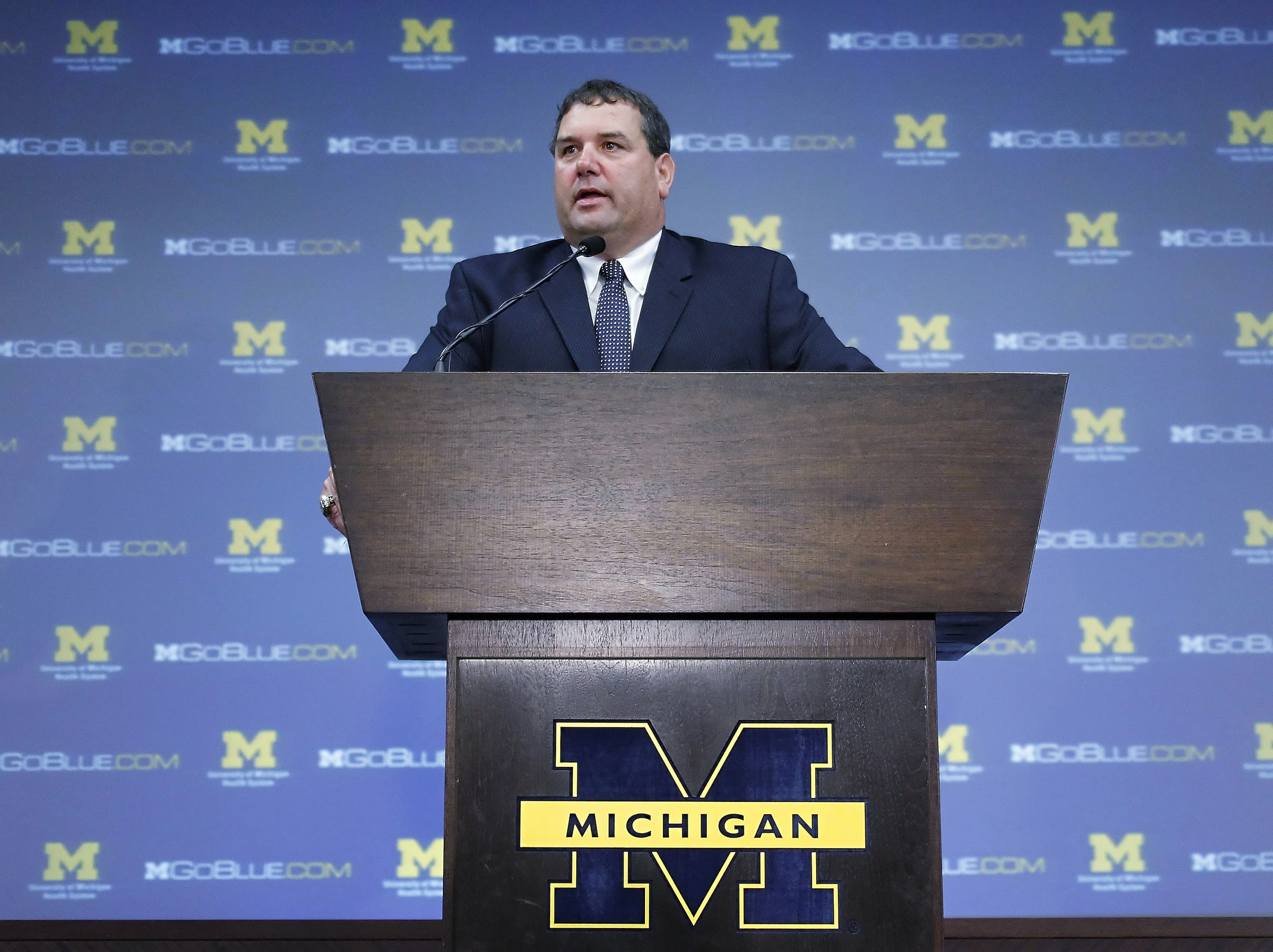 ANN ARBOR, MI - JANUARY 12: New University of Michigan head football coach Brady Hoke speaks during his introductory press confrence at the Junge Family Champions Center on January 12, 2011 in Ann Arbor, Michigan. (Photo by Gregory Shamus/Getty Images) ANN ARBOR, MI - JANUARY 12: New University of Michigan head football coach Brady Hoke speaks during his introductory press confrence at the Junge Family Champions Center on January 12, 2011 in Ann Arbor, Michigan. (Photo by Gregory Shamus/Getty Images)