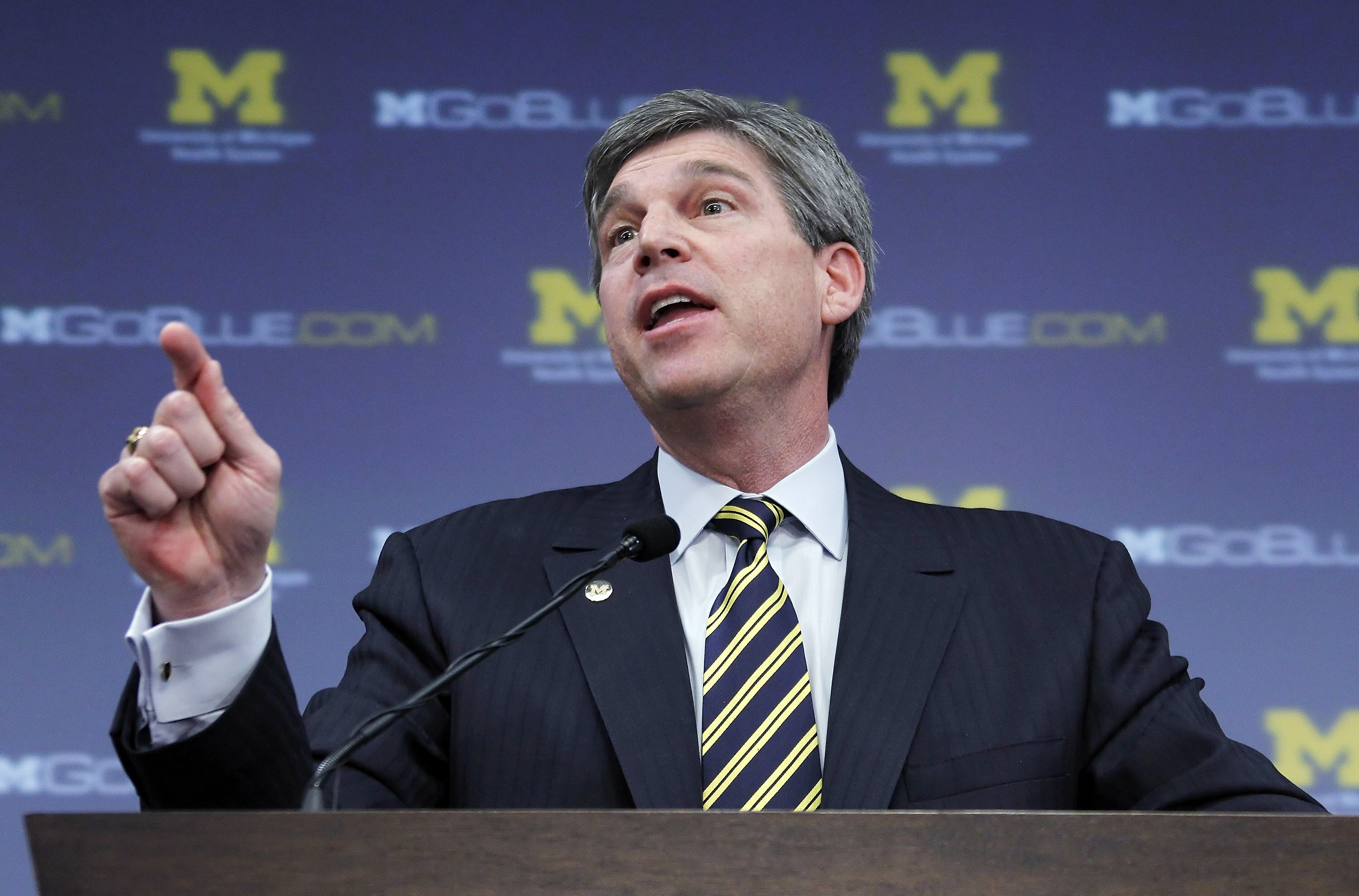 ANN ARBOR, MI - JANUARY 12: University of Michigan Athletic Director Dave Brandon speaks to the media after being introducing Brady Hoke as the new head football coach to the media at the Junge Family Champions Center on January 12, 2011 in Ann Arbor, Mic