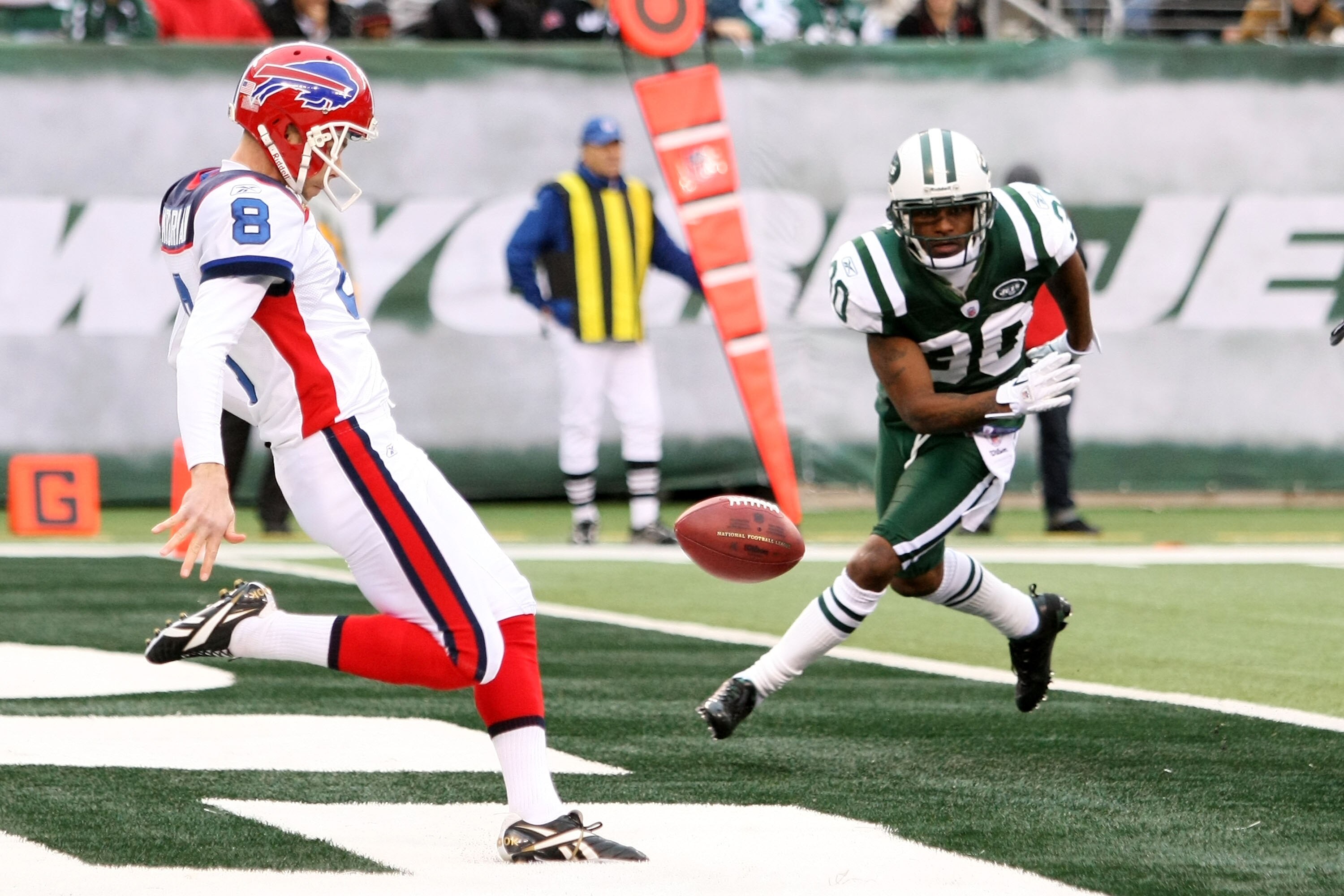 EAST RUTHERFORD, NJ - JANUARY 02:  Brian Moorman #8 of the Buffalo Bills punts against the defense of Drew Coleman #30 of the New York Jets at New Meadowlands Stadium on January 2, 2011 in East Rutherford, New Jersey.  (Photo by Michael Heiman/Getty Image