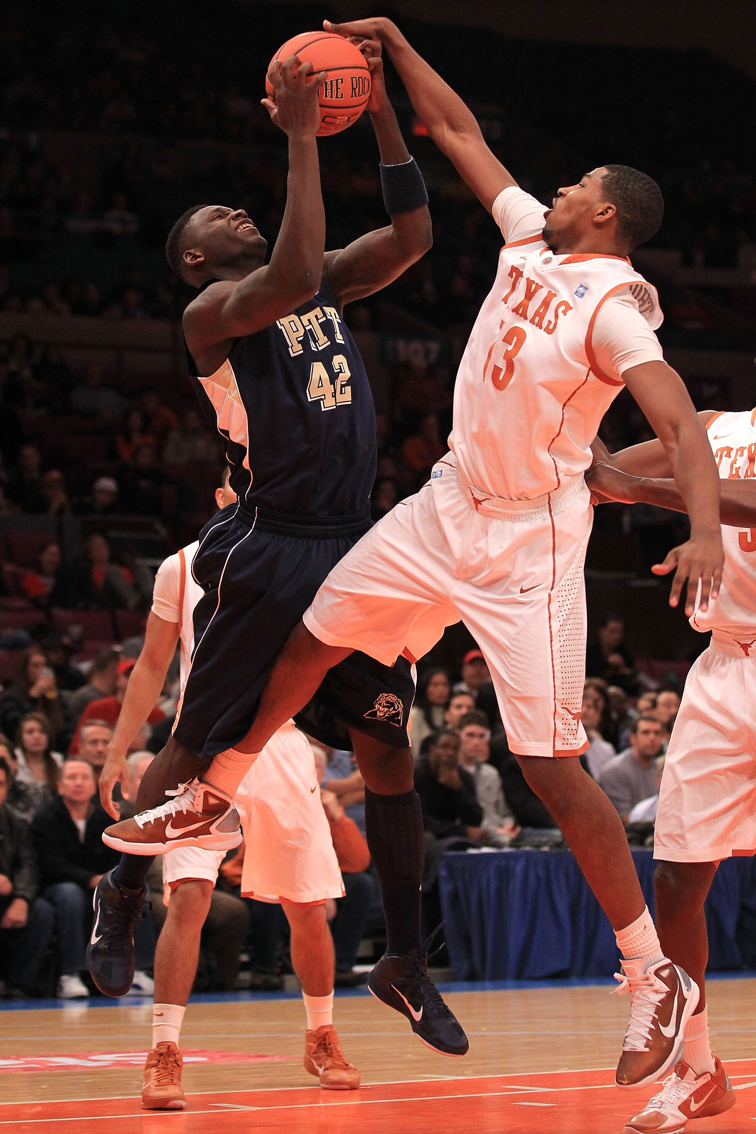 NEW YORK - NOVEMBER 19: Tristan Thompson #13 of the Texas Longhorns contests a rebound with Talib Zanna #42 of the Pittsburgh Panthers during the Championship game of the 2k Sports Classic at Madison Square Garden on November 19, 2010 in New York, New Yor NEW YORK - NOVEMBER 19: Tristan Thompson #13 of the Texas Longhorns contests a rebound with Talib Zanna #42 of the Pittsburgh Panthers during the Championship game of the 2k Sports Classic at Madison Square Garden on November 19, 2010 in New York, New Yor