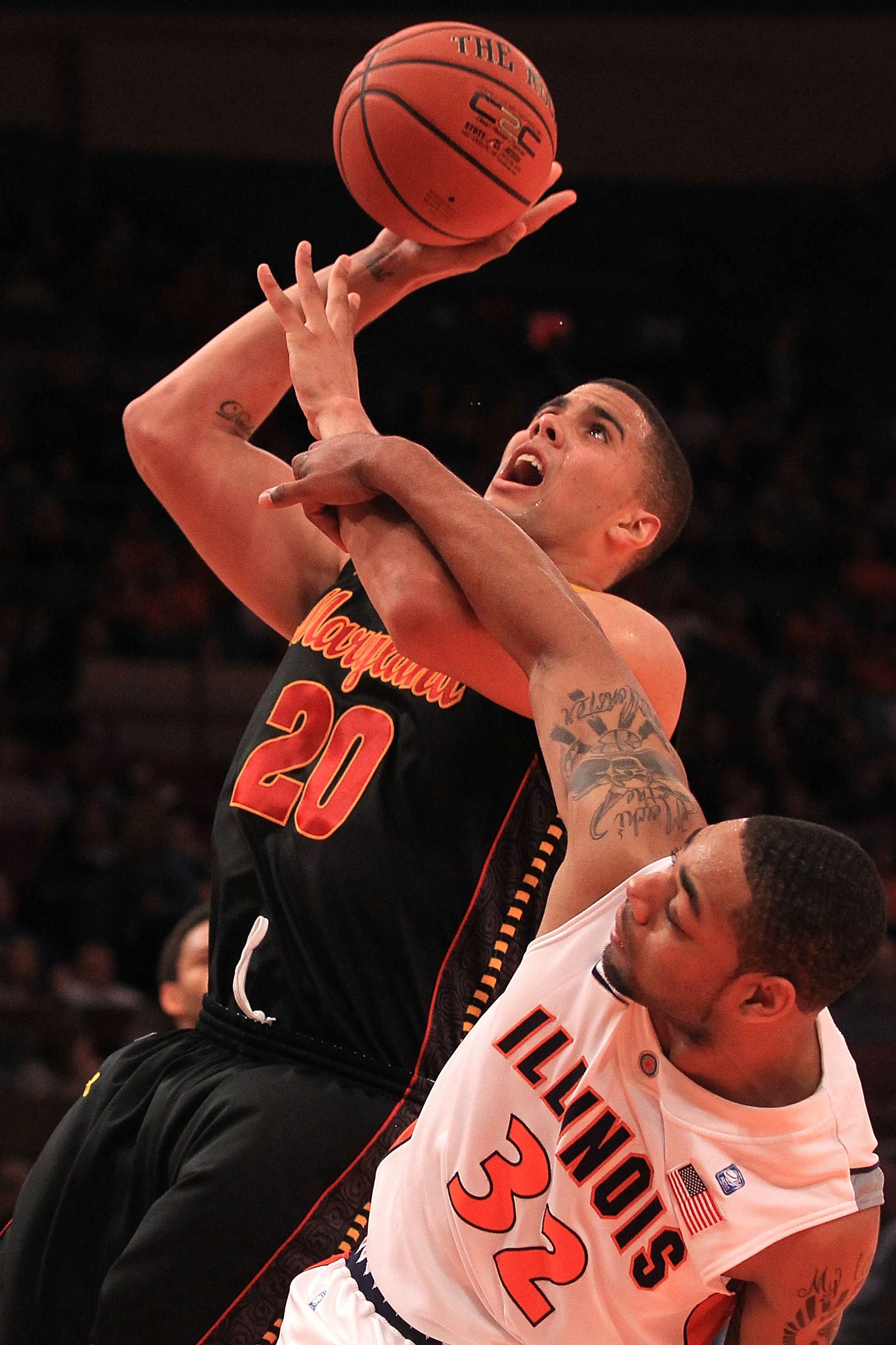 NEW YORK - NOVEMBER 19: Jordan Williams #20 of the Maryland Terrapins is fouled by Demetri McCamey #32 of the Illinois Fighting Illini during the 2k Sports Classic at Madison Square Garden on November 19, 2010 in New York, New York. (Photo by Chris McGr NEW YORK - NOVEMBER 19: Jordan Williams #20 of the Maryland Terrapins is fouled by Demetri McCamey #32 of the Illinois Fighting Illini during the 2k Sports Classic at Madison Square Garden on November 19, 2010 in New York, New York. (Photo by Chris McGr