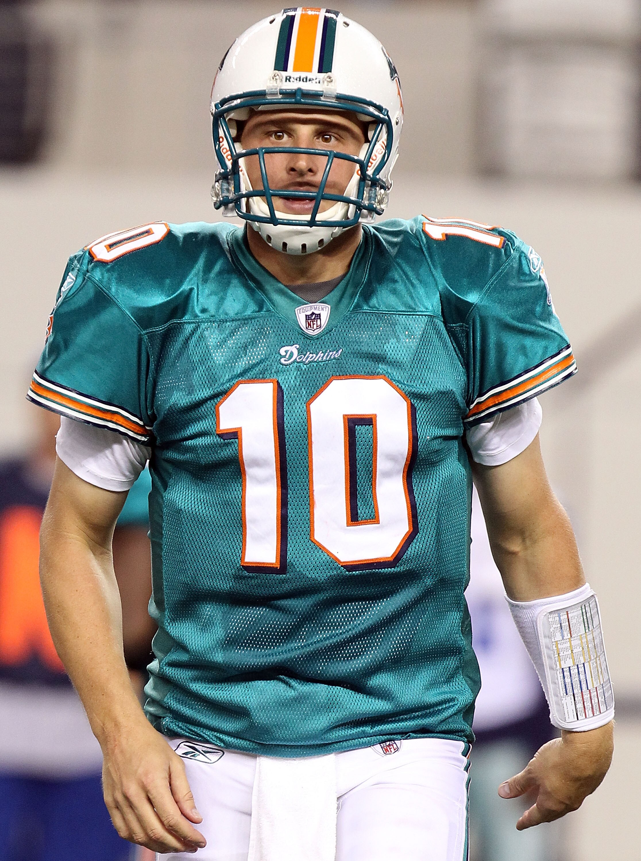 ARLINGTON, TX - SEPTEMBER 02:  Quarterback Chad  Pennington #10 of the Miami Dolphins walks off the field against the Dallas Cowboys during a preseason game at Cowboys Stadium on September 2, 2010 in Arlington, Texas.  (Photo by Ronald Martinez/Getty Imag