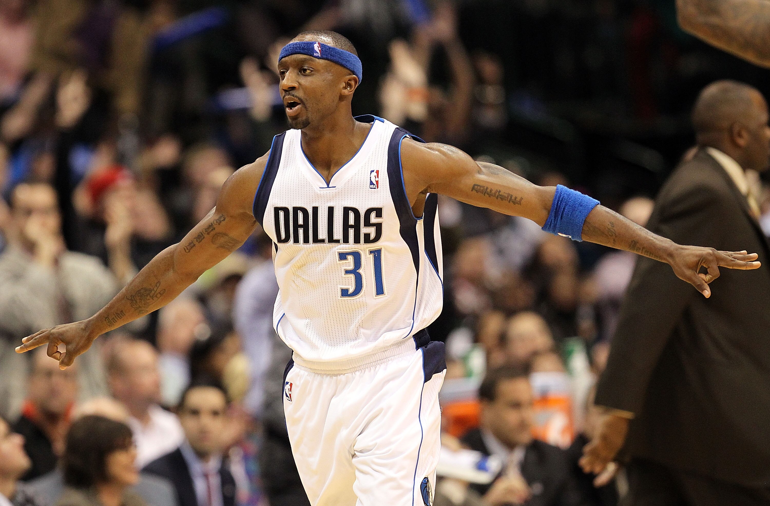 DALLAS, TX - JANUARY 04:  Guard Jason Terry #31 of the Dallas Mavericks reacts  after making a three point shot against the Portland Trail Blazers at American Airlines Center on January 4, 2011 in Dallas, Texas.  NOTE TO USER: User expressly acknowledges 
