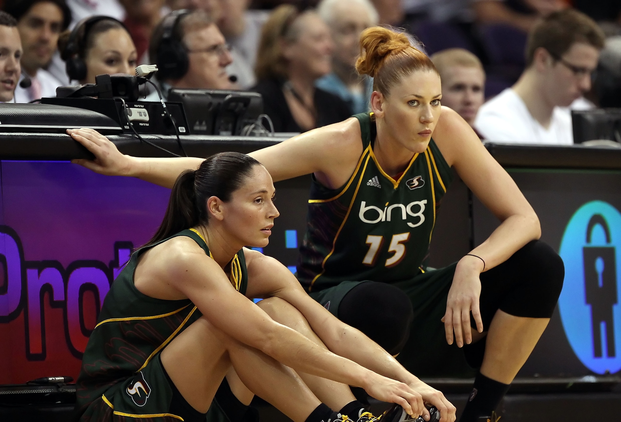 PHOENIX - JULY 14:  Sue Bird #10 and Lauren Jackson #15 of the Seattle Storm during the WNBA game against the Phoenix Mercury at US Airways Center on July 14, 2010 in Phoenix, Arizona. The Storm defeated the Mercury 111-107 in triple overtime.  NOTE TO US