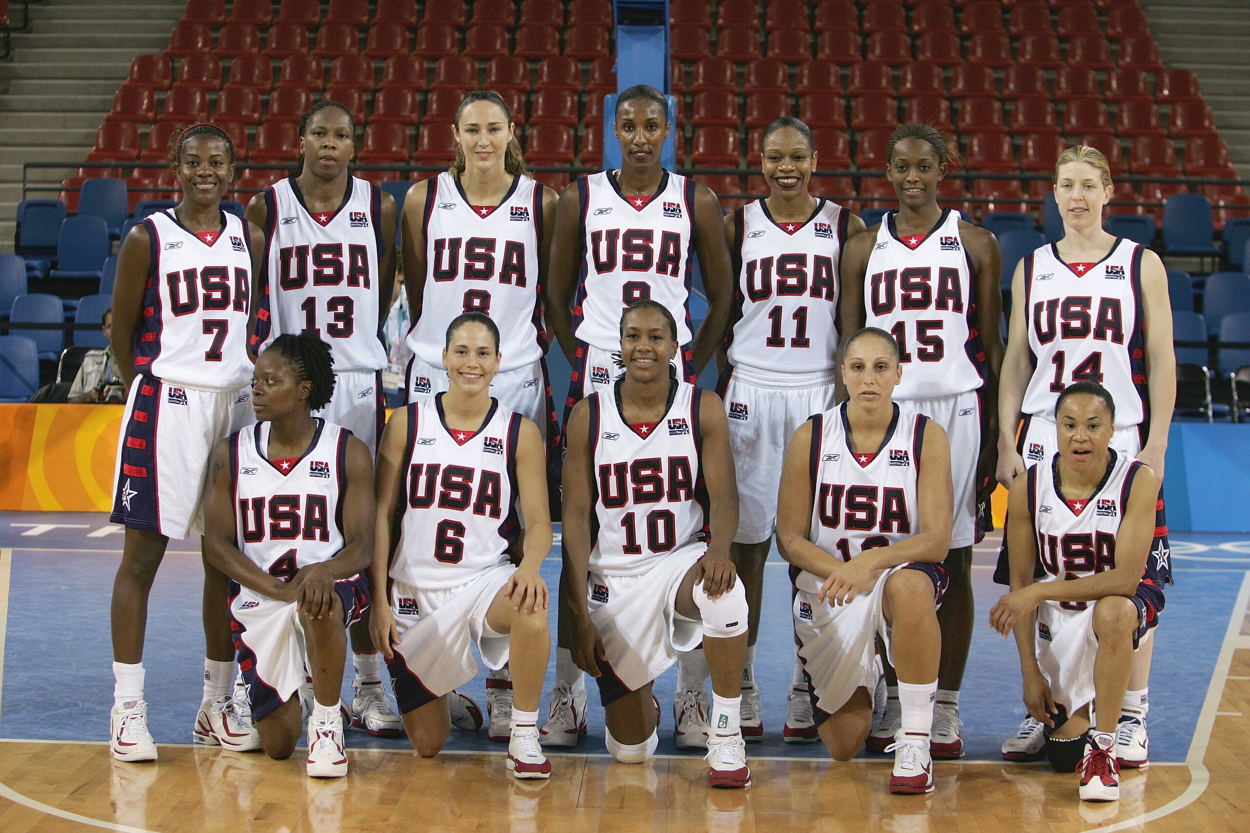 ATHENS - AUGUST 14:  Back Row (L-R) Sheryl Swoopes #7, Yolanda Griffith #13, Ruth Riley #8, Lisa Leslie #9, Tina Thompson #11, Swin Cash #15 and Katie Smith #14.  Front Row (L-R) Shannon Johnson #4, Sue Bird #6, Tamika Catchings #10, Diana Taurasi #12 and