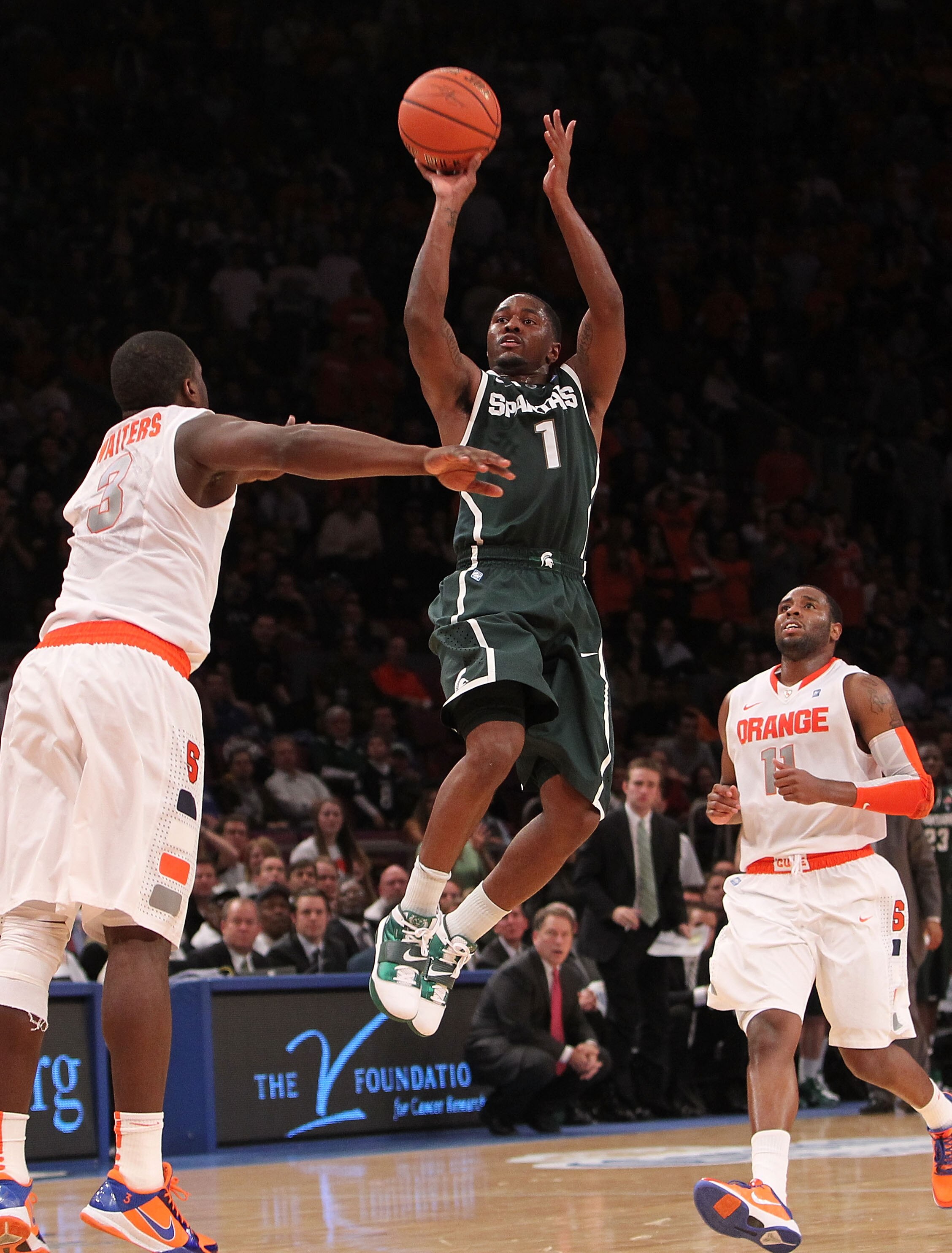 NEW YORK, NY - DECEMBER 07: Kalin Lucas #1 of the Michigan Spartans shoots a three pointer against Syracuse Orange during their game at the Jimmy V Classic at Madison Square Garden on December 7, 2010 in New York City. (Photo by Nick Laham/Getty Images) NEW YORK, NY - DECEMBER 07: Kalin Lucas #1 of the Michigan Spartans shoots a three pointer against Syracuse Orange during their game at the Jimmy V Classic at Madison Square Garden on December 7, 2010 in New York City. (Photo by Nick Laham/Getty Images)
