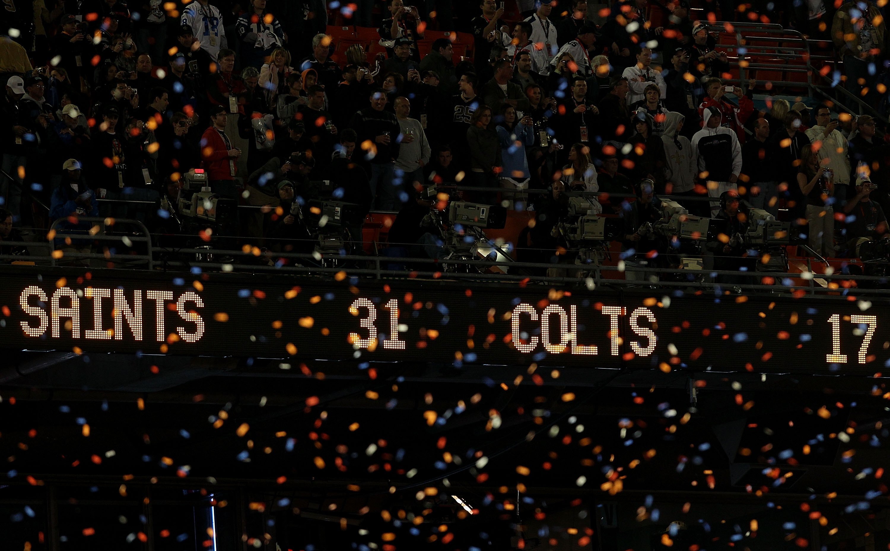 MIAMI GARDENS, FL - FEBRUARY 07:  The scoreboard is seen after the New Orleans Saints defeated the Indianapolis Colts during Super Bowl XLIV on February 7, 2010 at Sun Life Stadium in Miami Gardens, Florida.  (Photo by Elsa/Getty Images)
