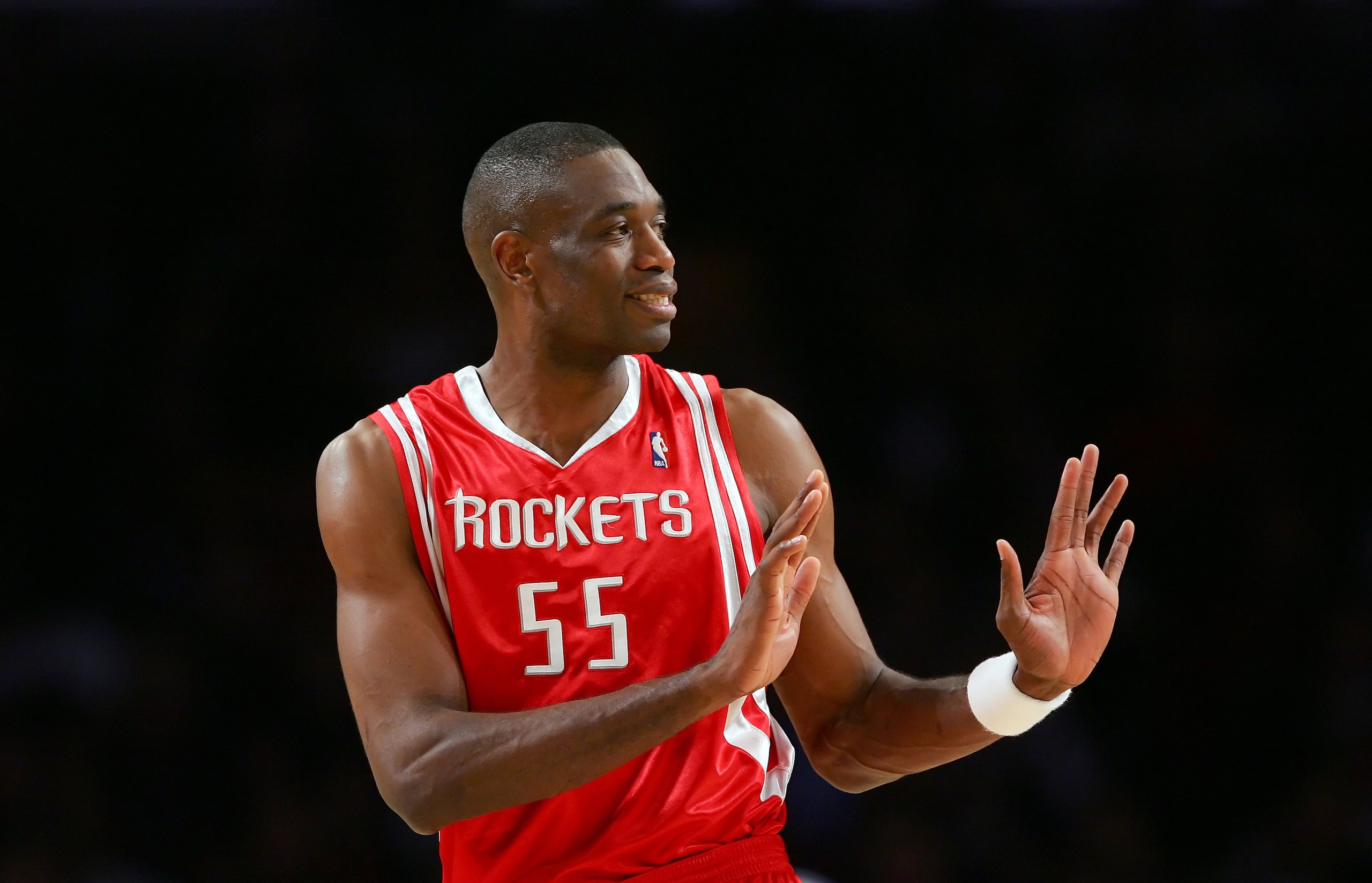 LOS ANGELES - DECEMBER 15:  Dikembe Mutombo #55 of the Houston Rockets gestures during the game against the Los Angeles Lakers on December 15, 2006 at Staples Center in Los Angeles, California. The Lakers won 112-101. NOTE TO USER: User expressly acknowle