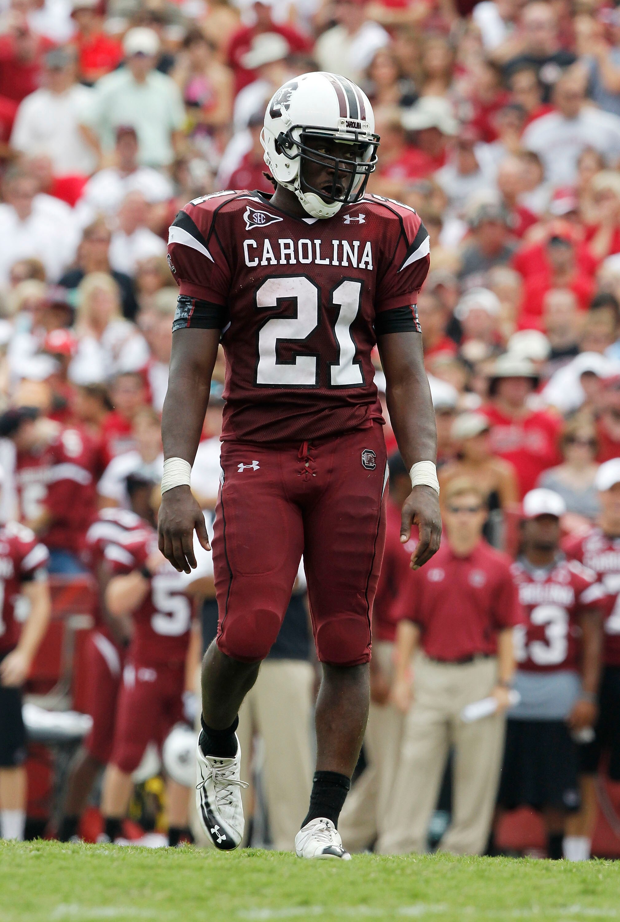 COLUMBIA, SC - SEPTEMBER 11:  Tailback Marcus Lattimore #21 of the South Carolina Gamecocks takes a break during a timeout during the game against the Georgia Bulldogs at Williams-Brice Stadium on September 11, 2010 in Columbia, South Carolina.  The Gamec