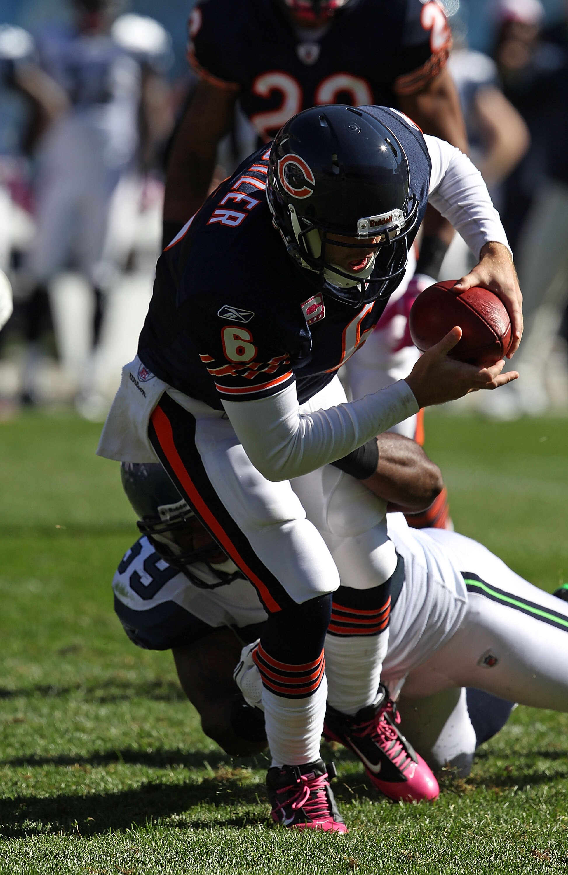 CHICAGO - OCTOBER 17: Jay Cutler #6 of the Chicago Bears is sacked by Aaron Curry #59 of the Seattle Seahawks at Soldier Field on October 17, 2010 in Chicago, Illinois. The Seahawks defeated the Bears 23-20. (Photo by Jonathan Daniel/Getty Images)
